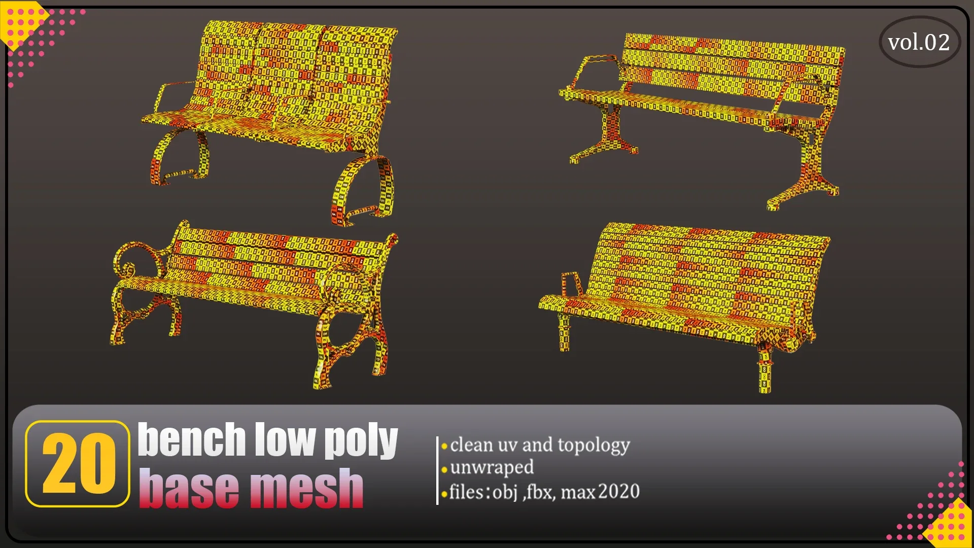 20 bench lowpoly basemesh : fbx,obj,3dsmax