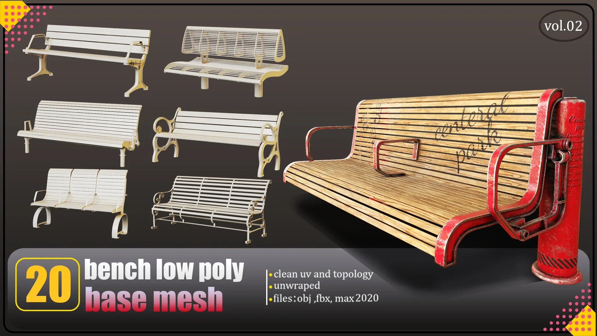 20 bench lowpoly basemesh : fbx,obj,3dsmax