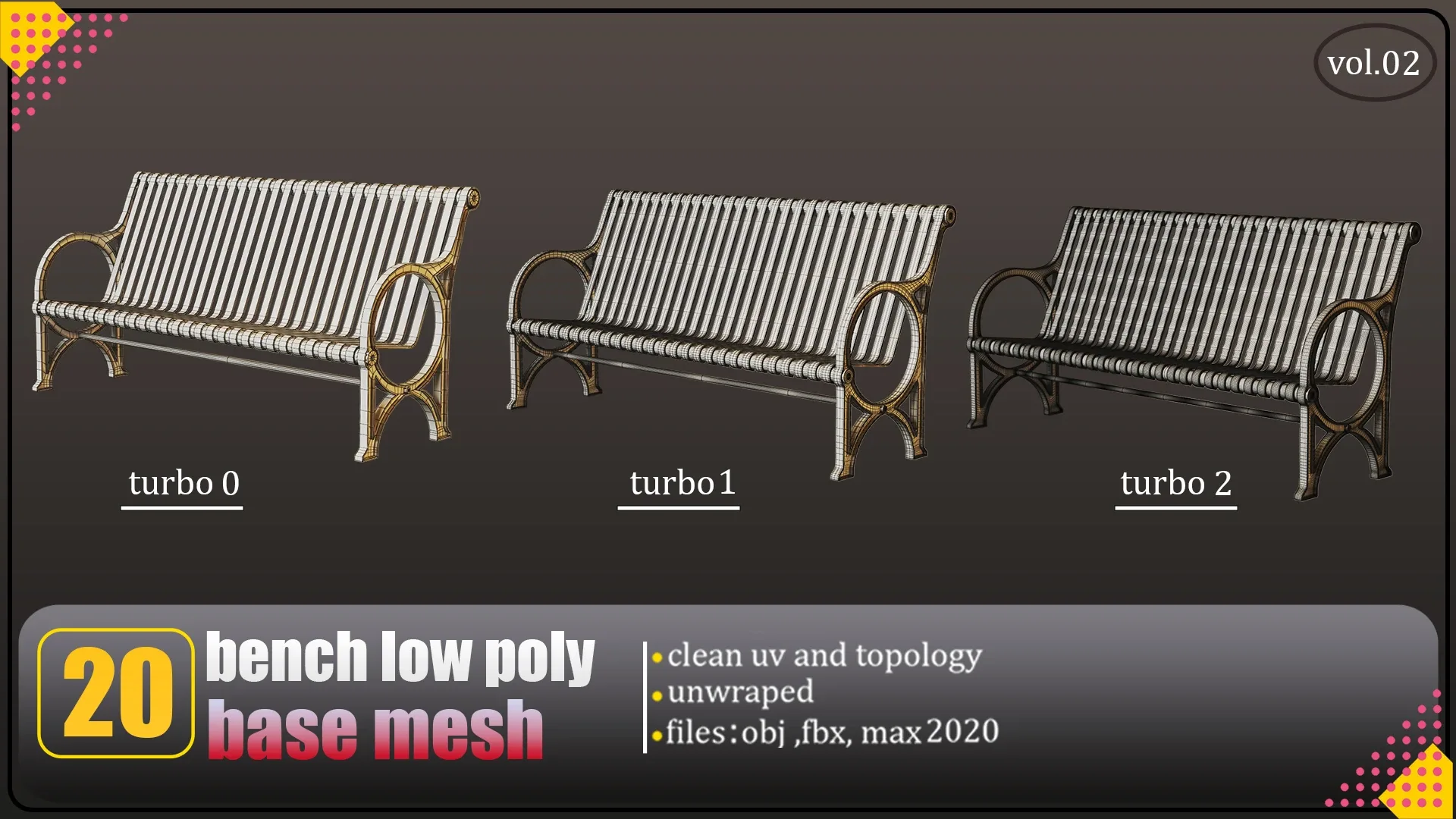 20 bench lowpoly basemesh : fbx,obj,3dsmax