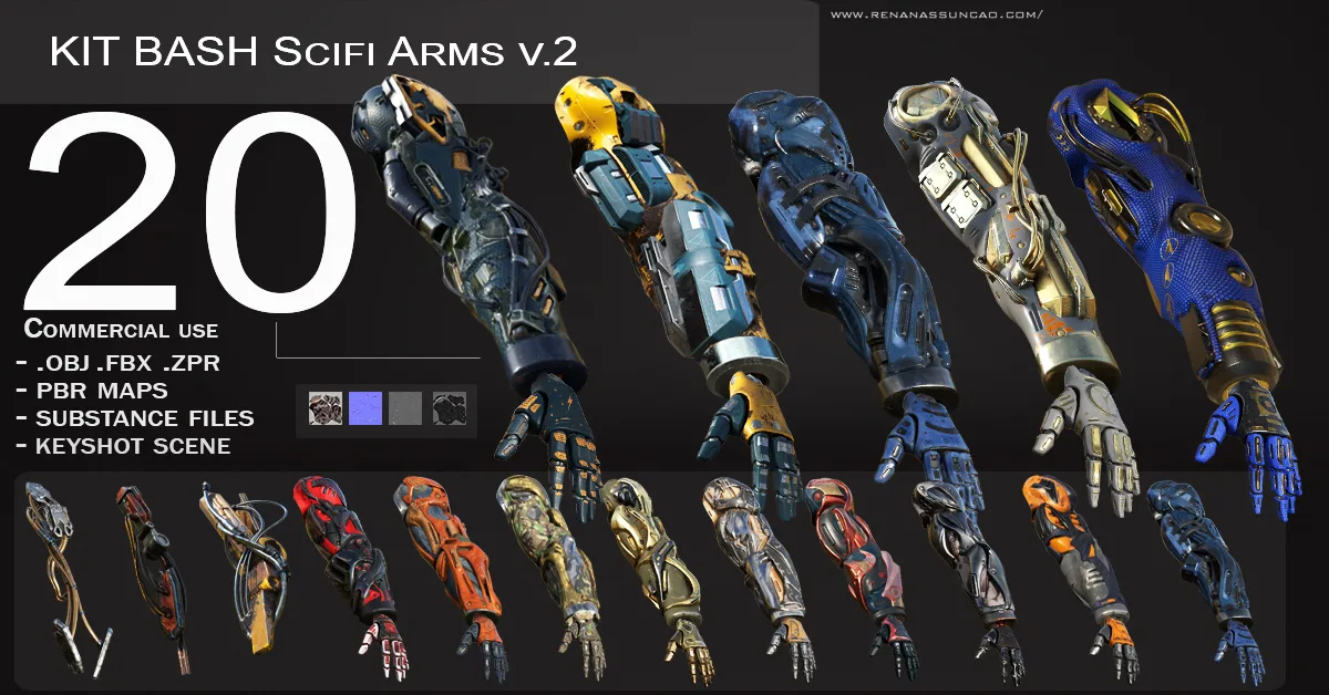 20 ARMS | 3D Models Pack with Textures for ALL Softwares + Render Scene PBR .obj .fbx