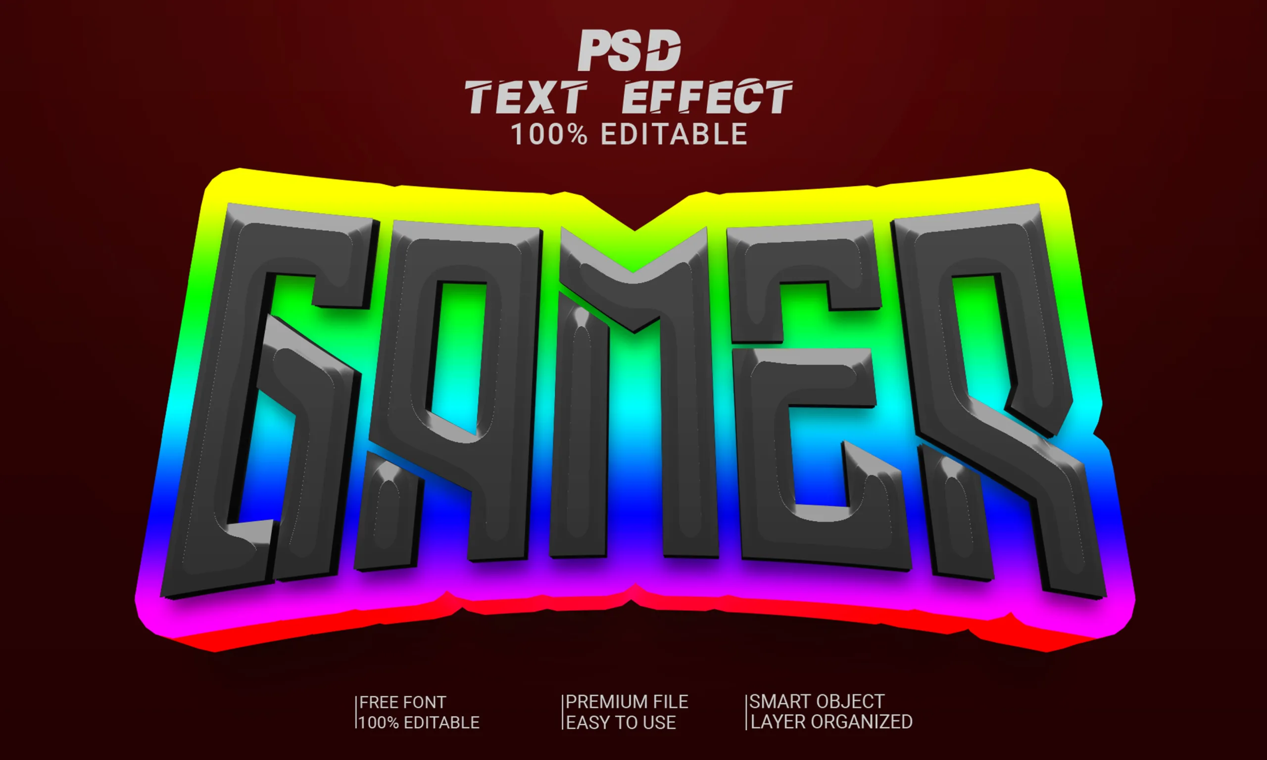 3D Gamer PSD fully editable text effect. Layer style PSD mockup template.