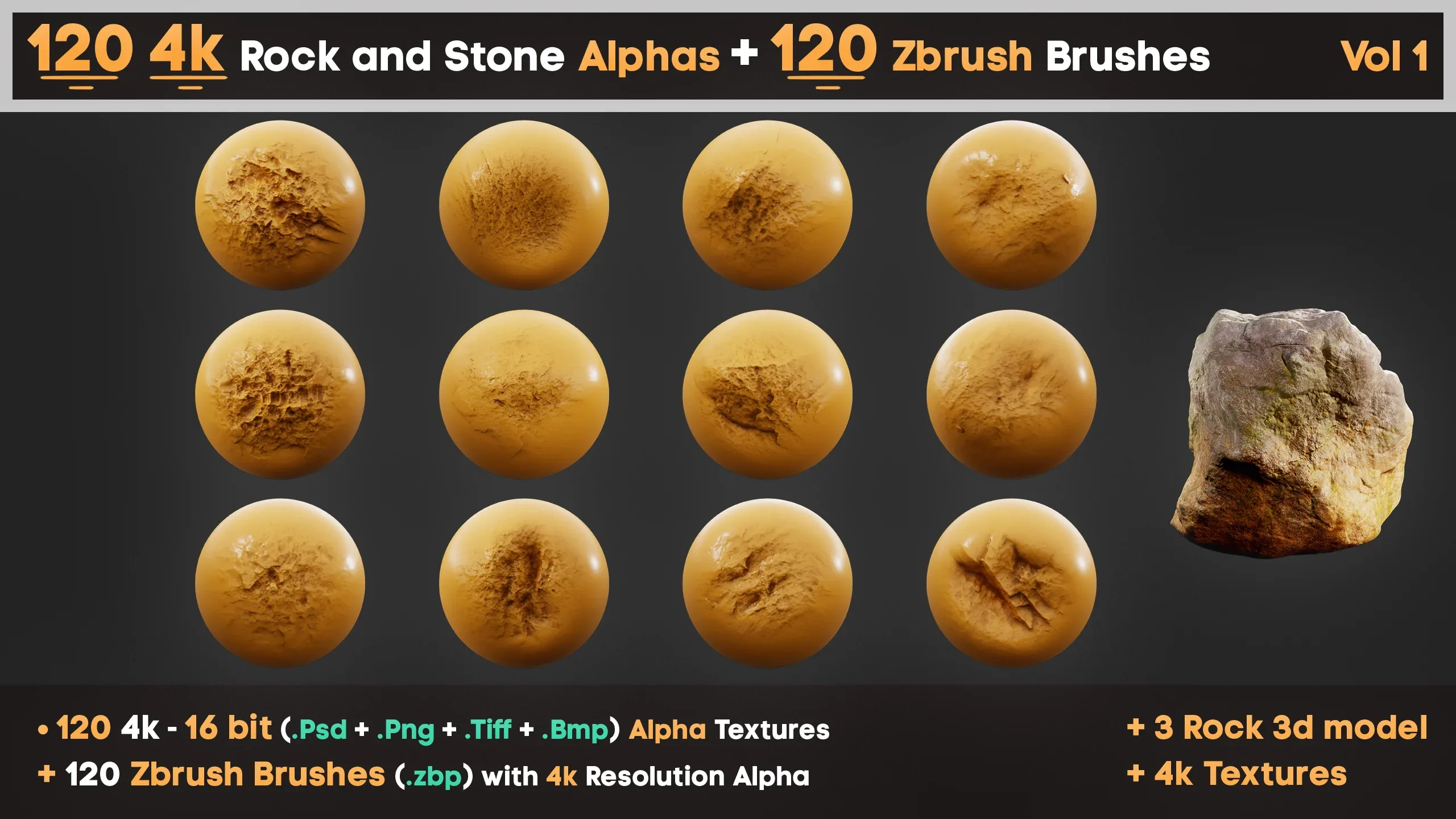 120 4K Alpha Rock and Stone Textures + 120 Zbrush Brushes vol 1 for Professional Sculpting 3D Art and Game Development