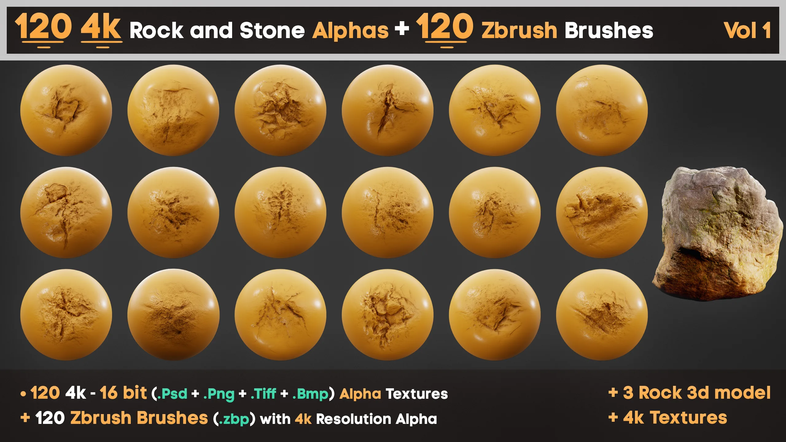 120 4K Alpha Rock and Stone Textures + 120 Zbrush Brushes vol 1 for Professional Sculpting 3D Art and Game Development