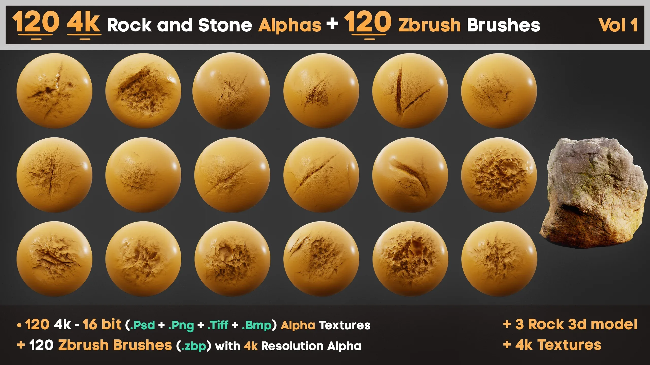 120 4K Alpha Rock and Stone Textures + 120 Zbrush Brushes vol 1 for Professional Sculpting 3D Art and Game Development