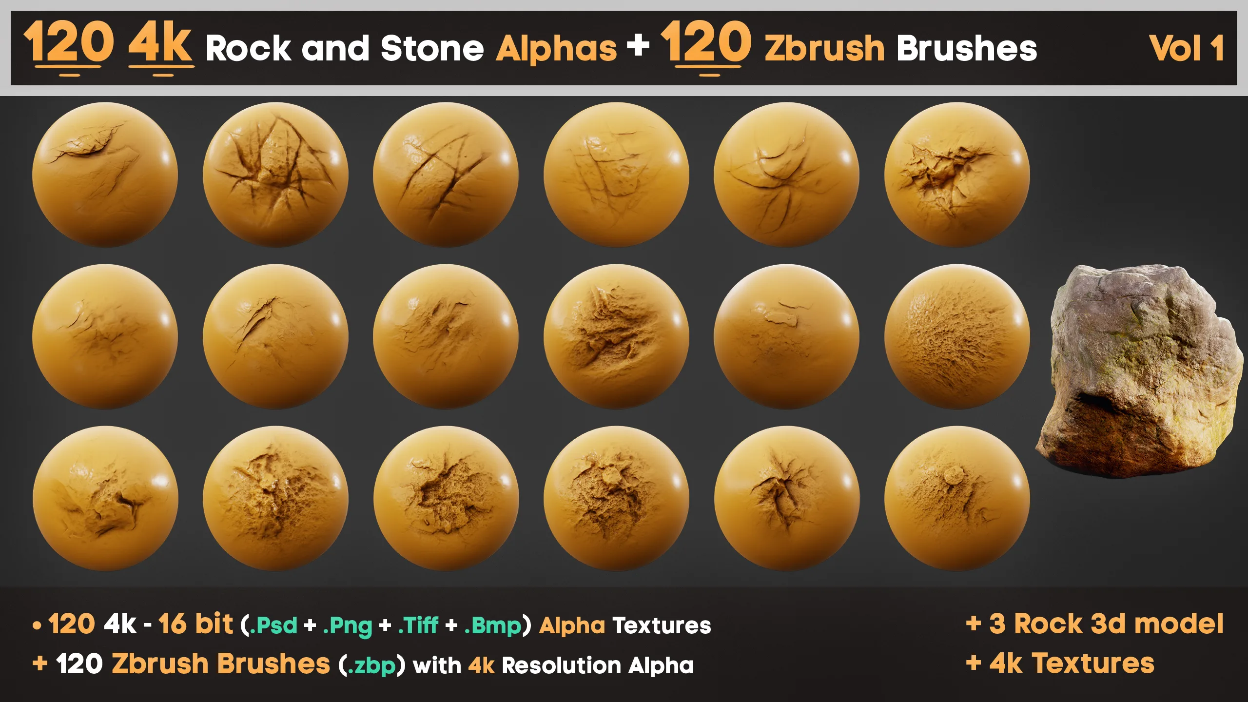 120 4K Alpha Rock and Stone Textures + 120 Zbrush Brushes vol 1 for Professional Sculpting 3D Art and Game Development