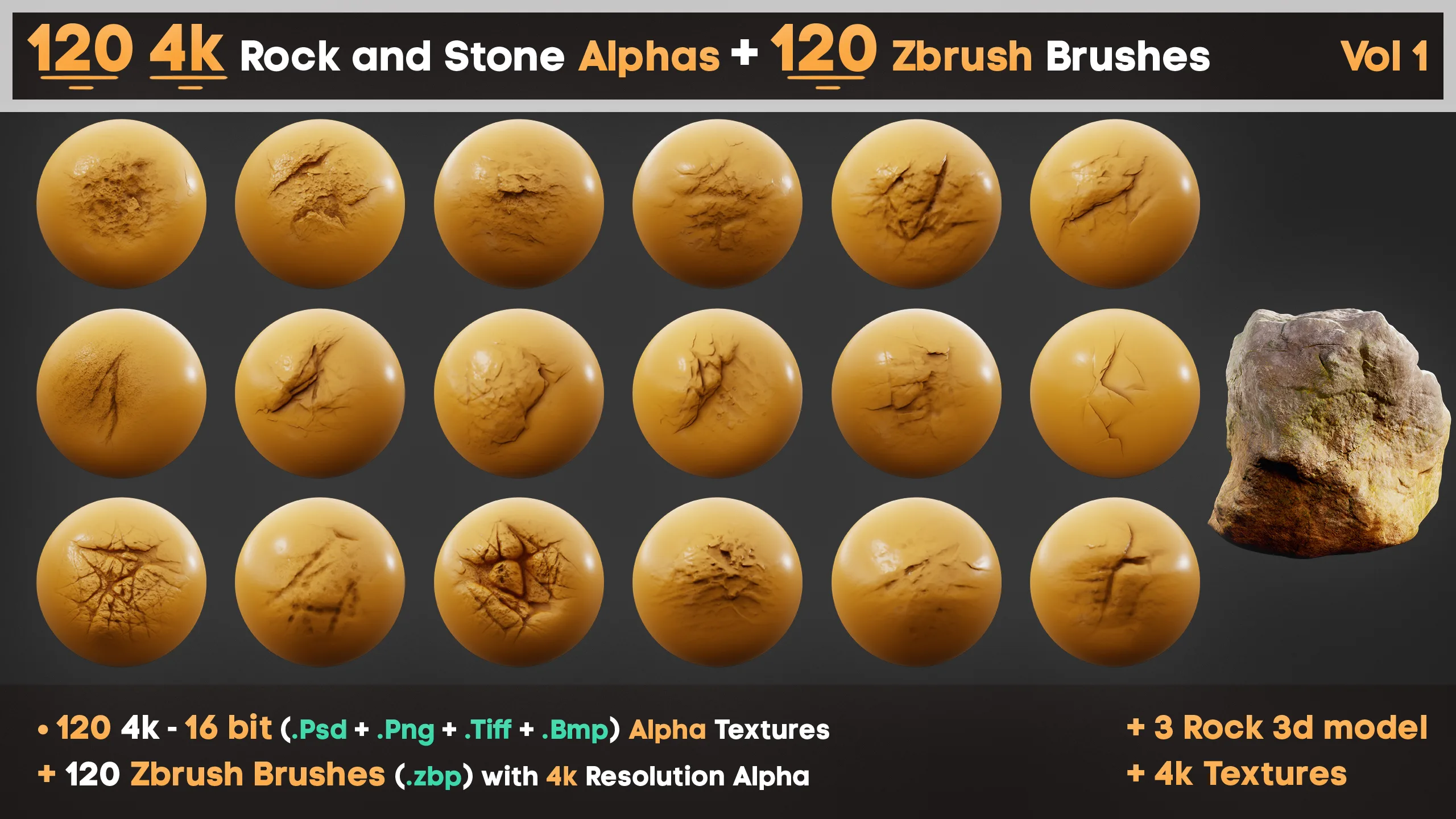 120 4K Alpha Rock and Stone Textures + 120 Zbrush Brushes vol 1 for Professional Sculpting 3D Art and Game Development