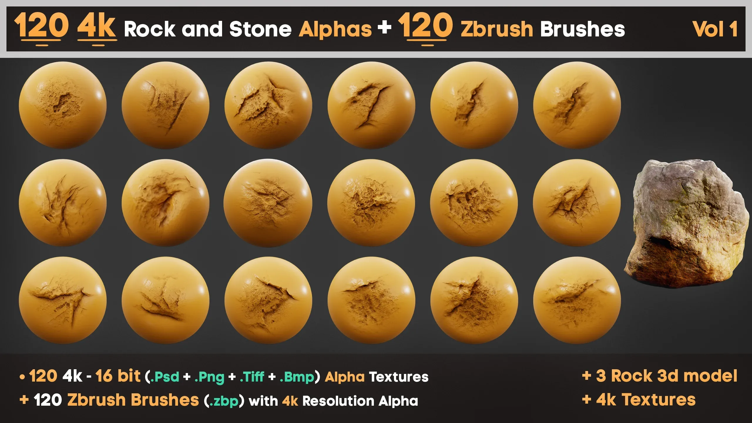 120 4K Alpha Rock and Stone Textures + 120 Zbrush Brushes vol 1 for Professional Sculpting 3D Art and Game Development