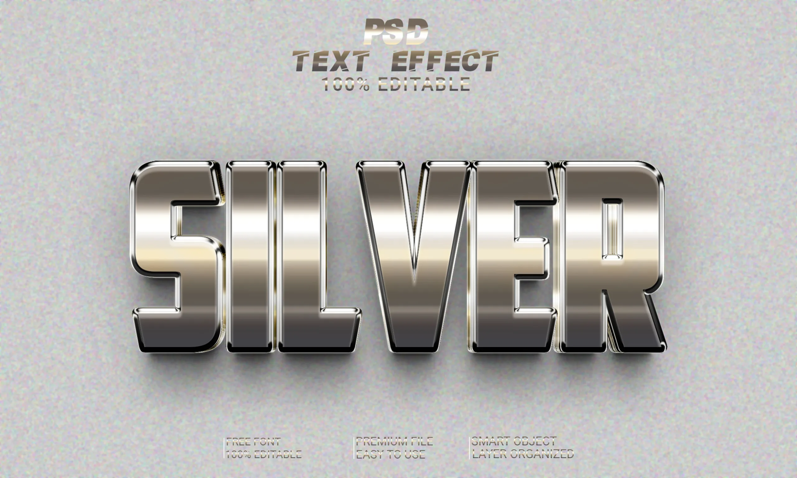 3D Silver PSD fully editable text effect. Layer style PSD mockup template.