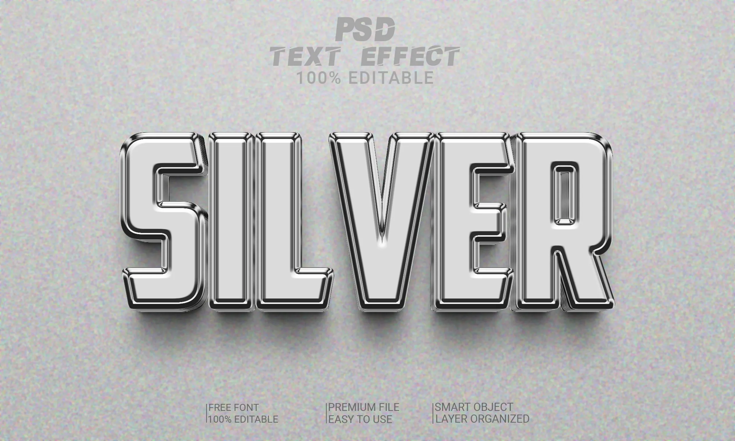 3D Silver PSD fully editable text effect. Layer style PSD mockup template.