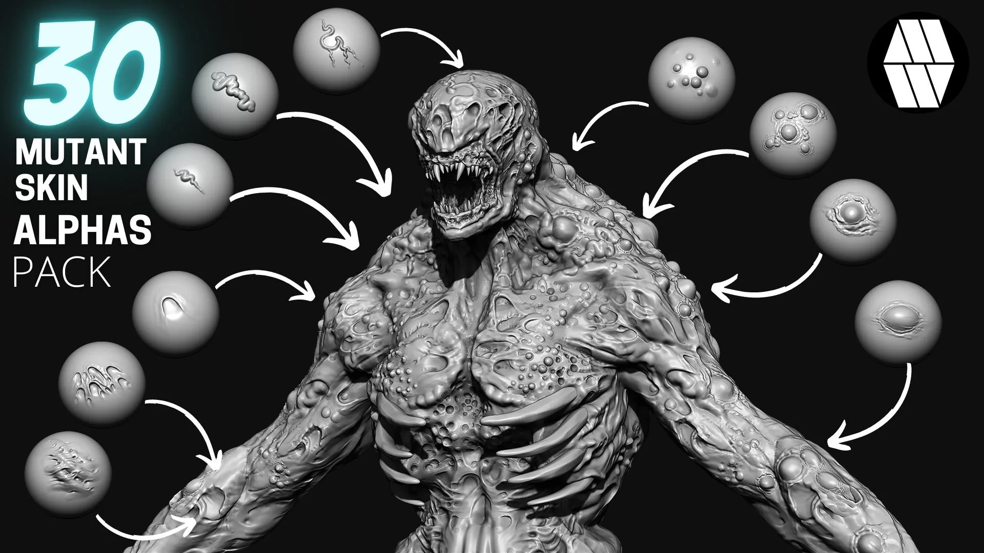 30 Mutant Skin Alphas and VDM Brushes - Custom made Skin Alphas to use in ZBrush