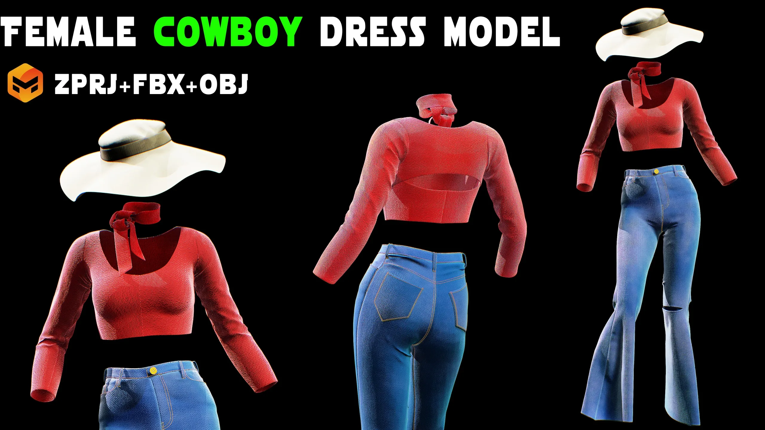 Female cowboy dress model  Marvelous Designer,CLO3D,ZPRJ