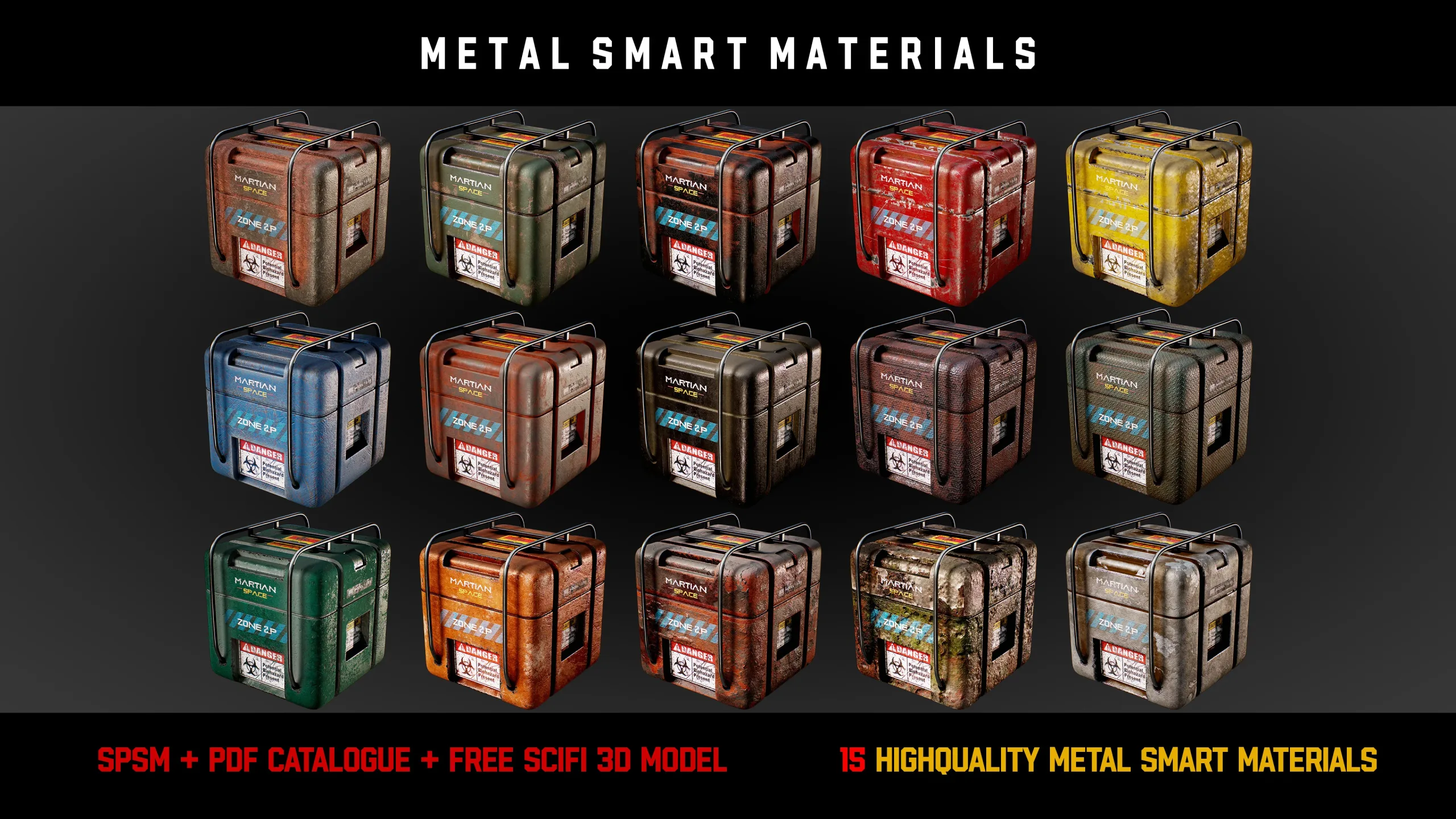 " 15 High Detailed Metal Smart Materials " (Vol.1) + Free SCIFI Box 3D Model