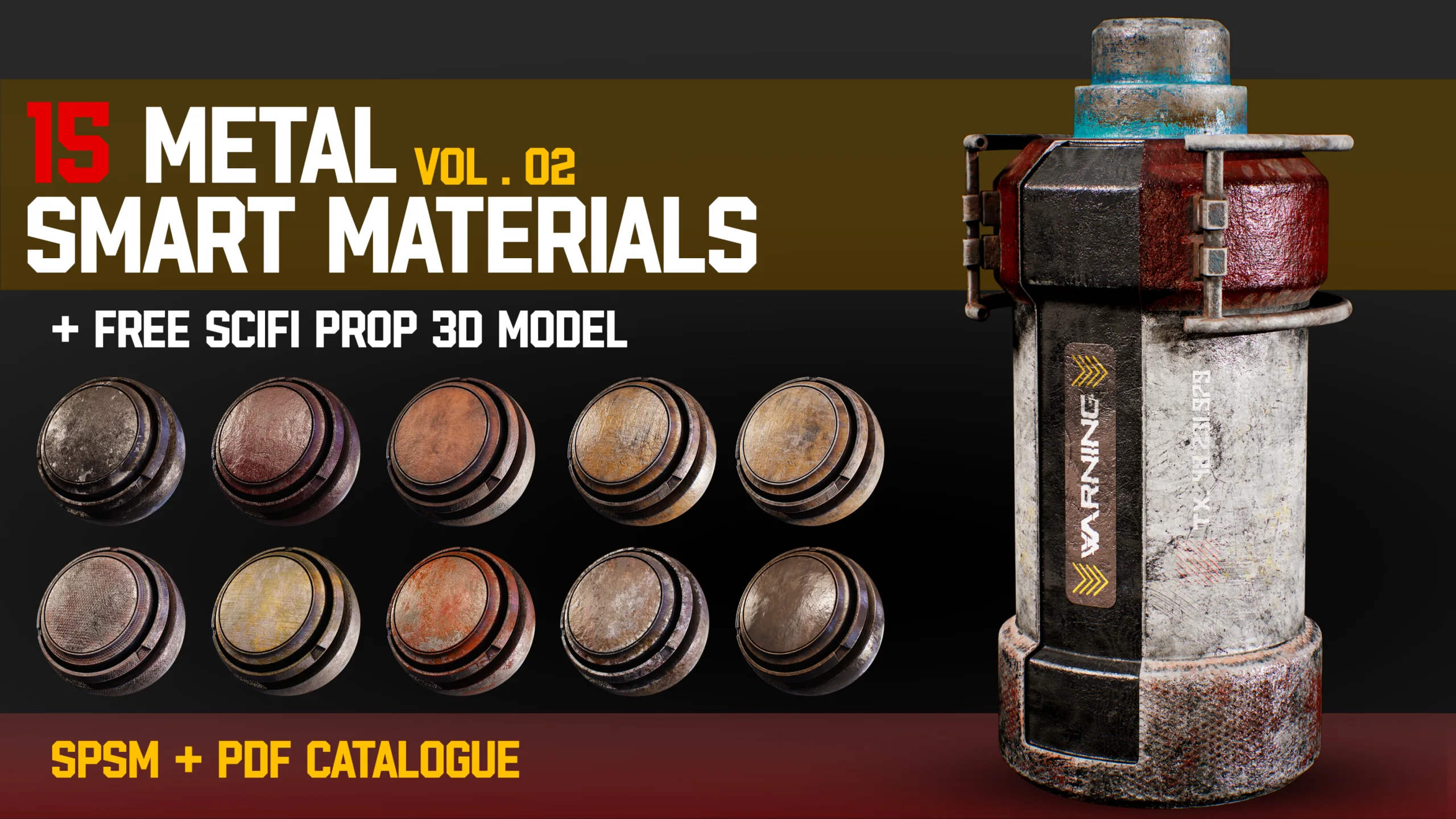 " 15 High Detailed Metal Smart Materials " (Vol.2) + Free SCIFI Prop 3D Model