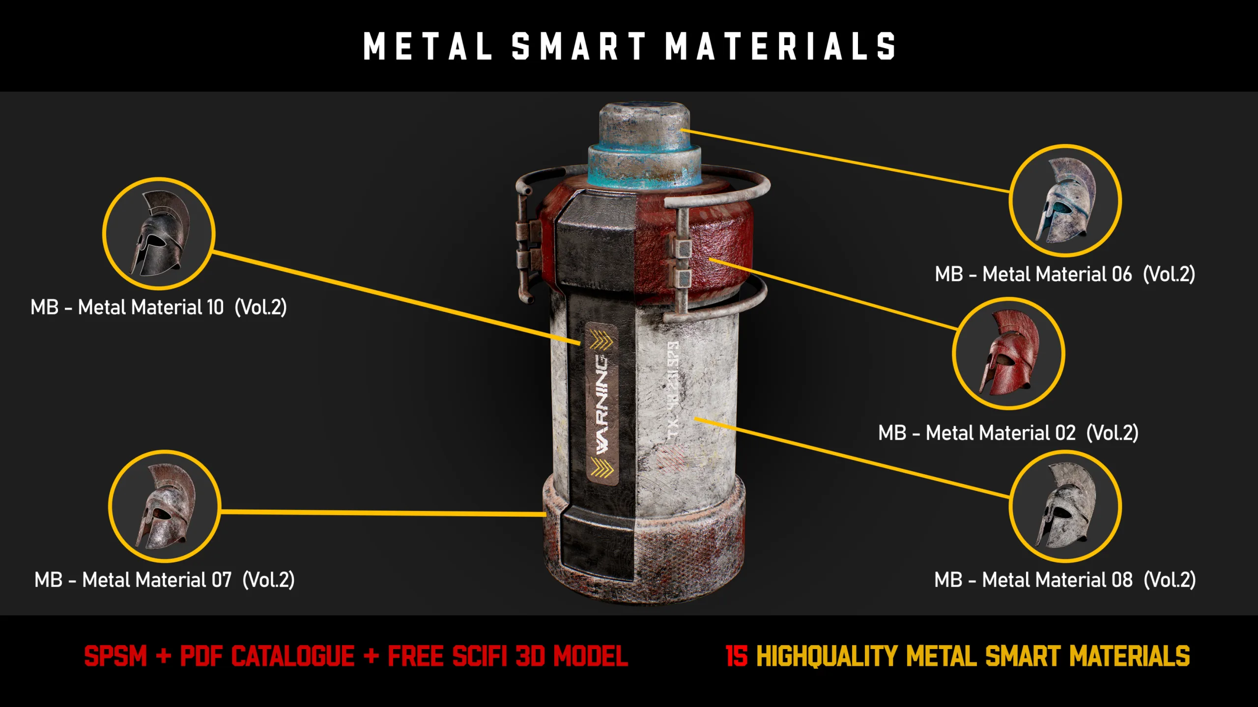 " 15 High Detailed Metal Smart Materials " (Vol.2) + Free SCIFI Prop 3D Model