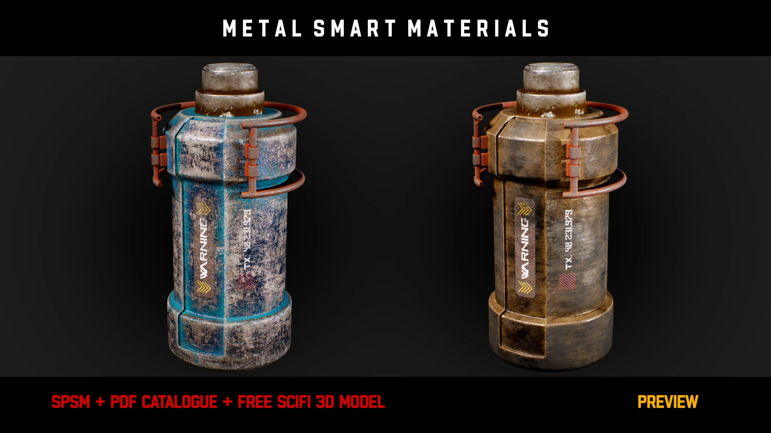 " 15 High Detailed Metal Smart Materials " (Vol.2) + Free SCIFI Prop 3D Model