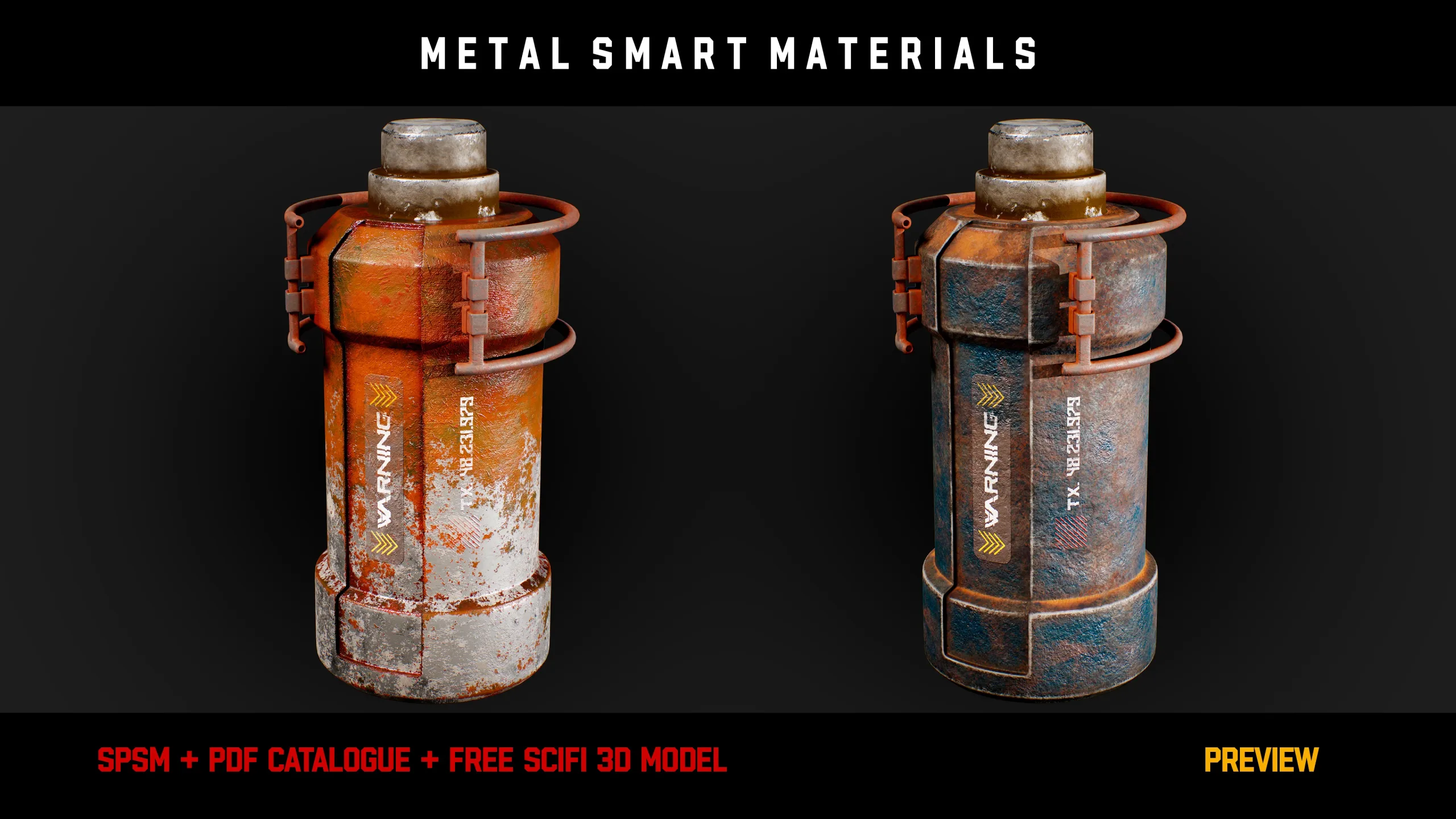 " 15 High Detailed Metal Smart Materials " (Vol.2) + Free SCIFI Prop 3D Model