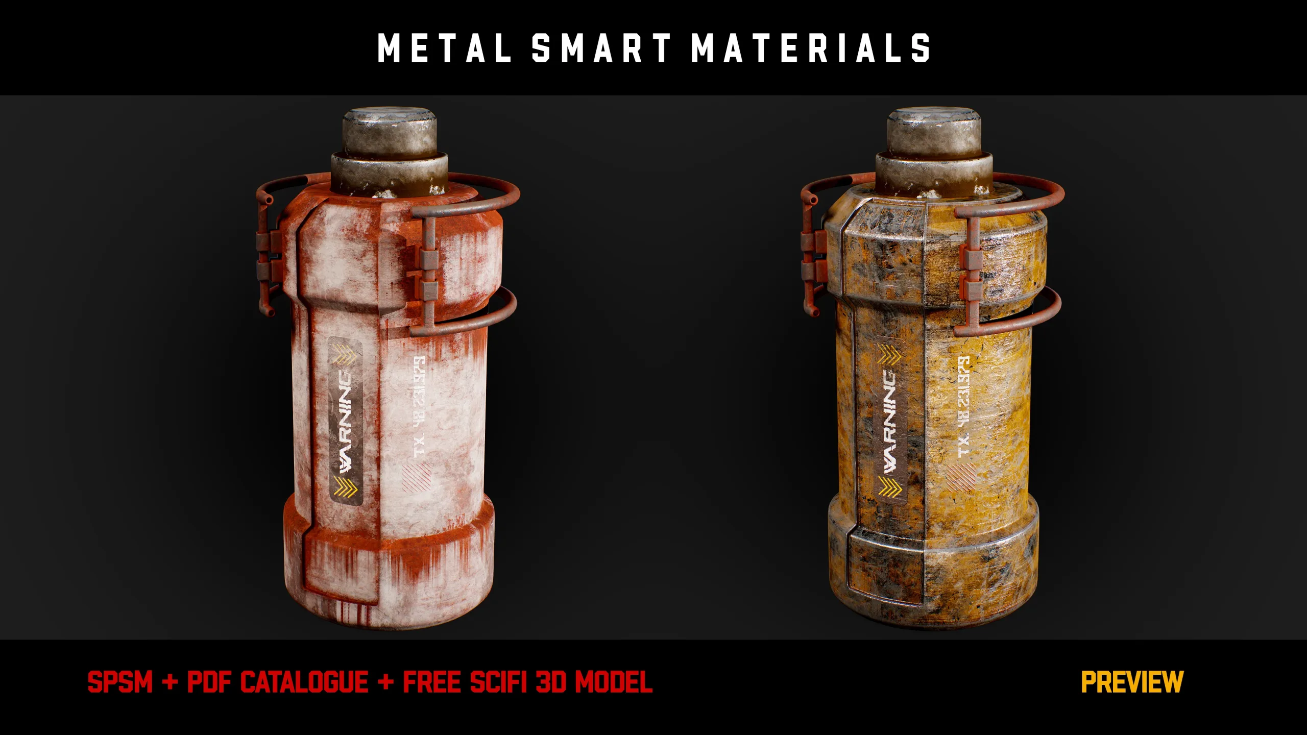 " 15 High Detailed Metal Smart Materials " (Vol.2) + Free SCIFI Prop 3D Model