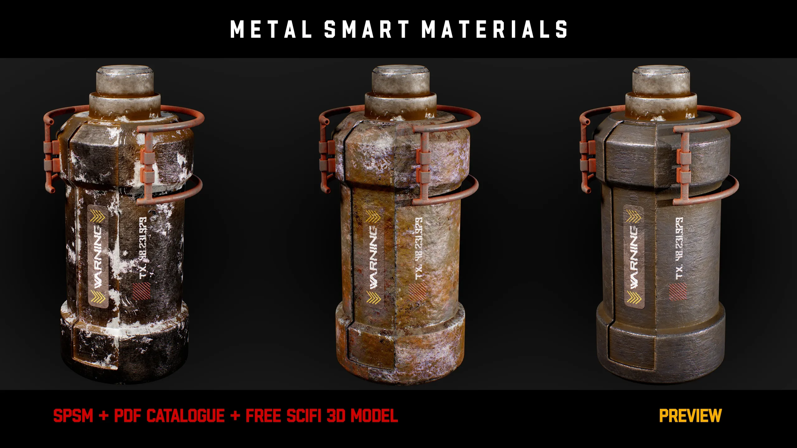 " 15 High Detailed Metal Smart Materials " (Vol.2) + Free SCIFI Prop 3D Model