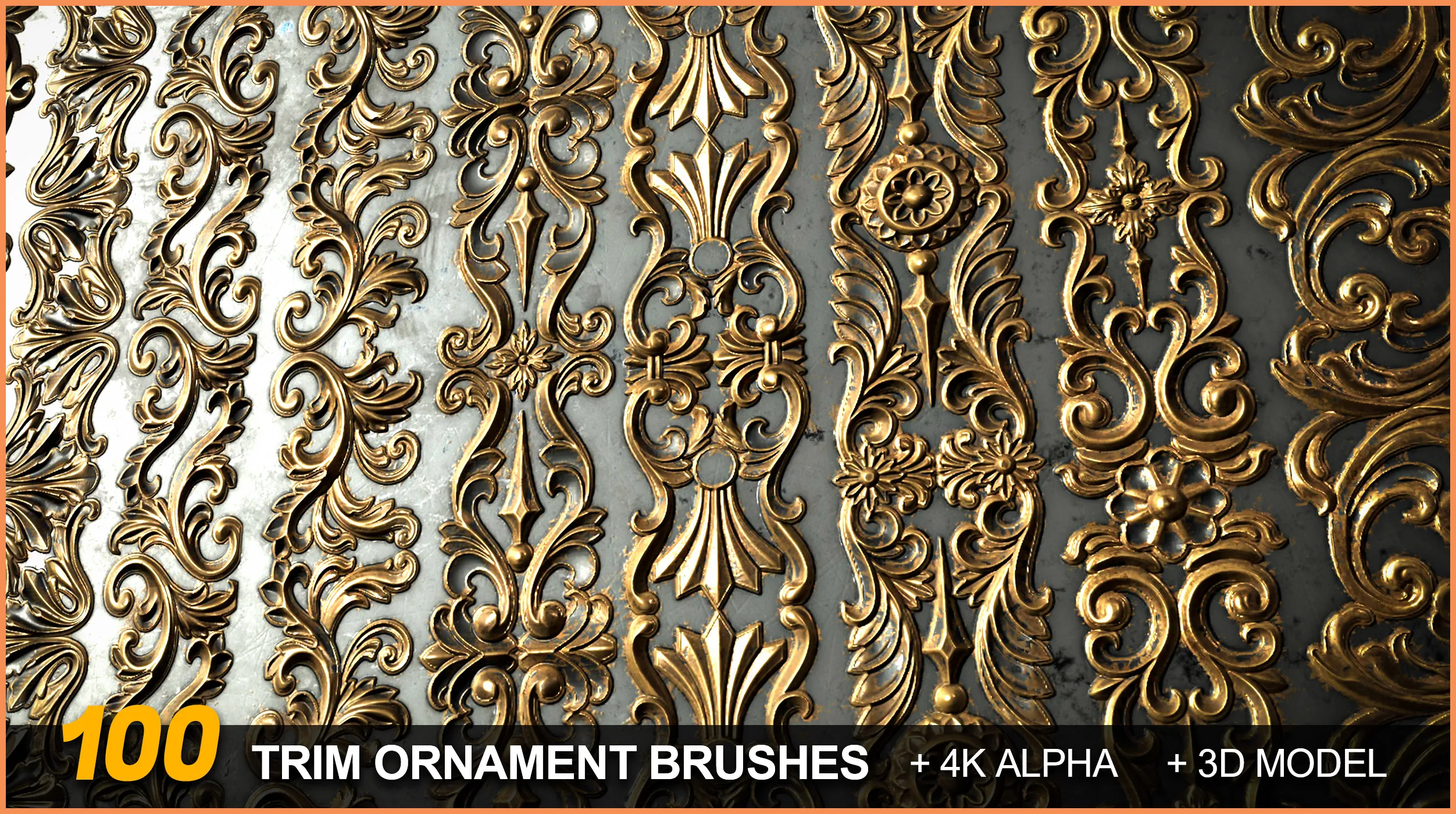 100 Seamless Trim Ornament Brushes (VDM) +4K Alpha + 3DModels