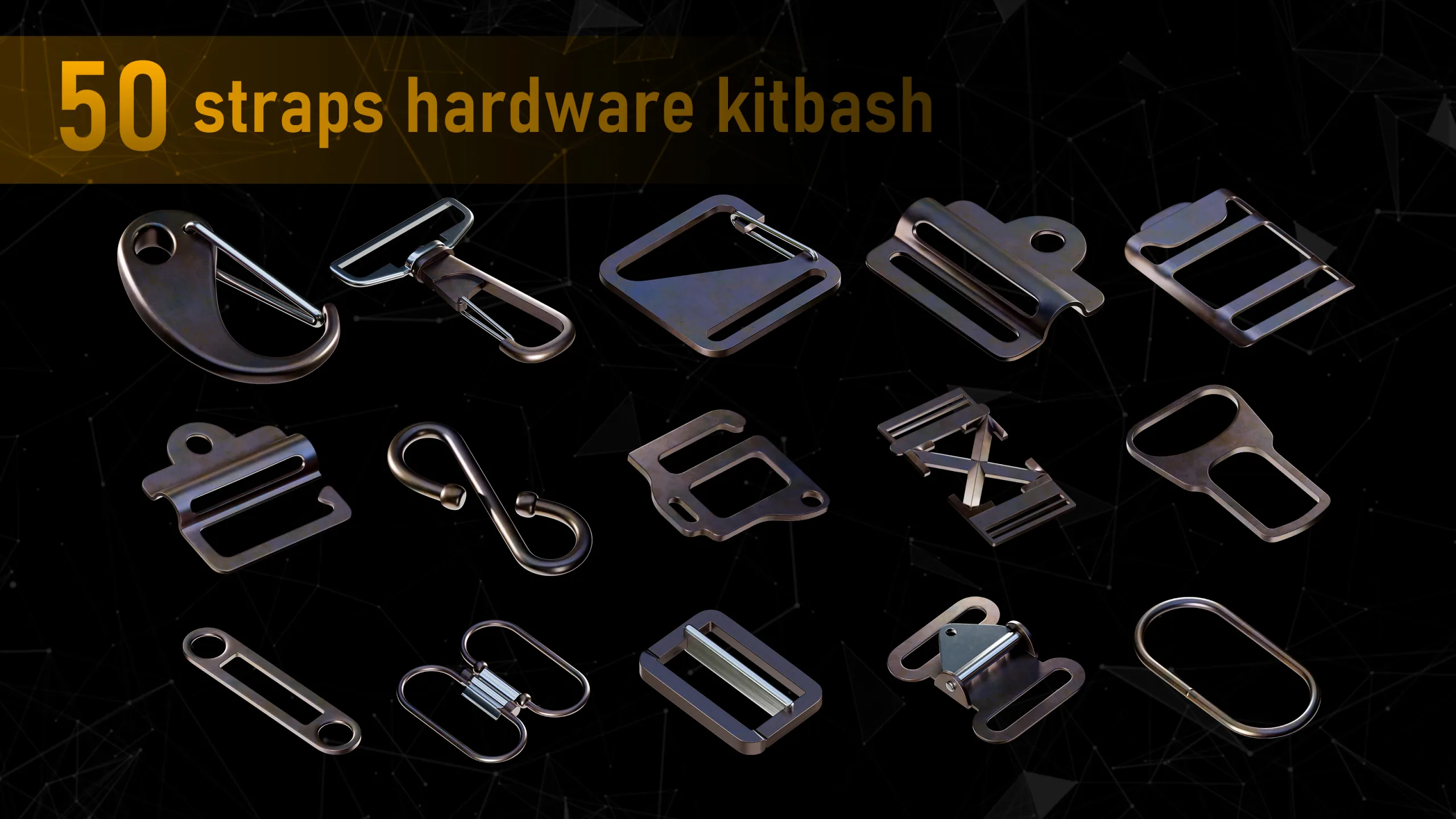 50 Straps Hardware Kitbash 3D Models (fully unwraped) + imm brushes