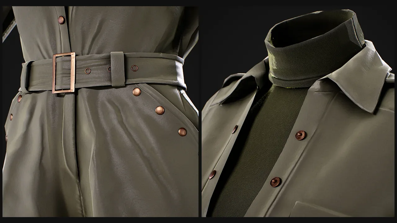 Women's Military Outfit-Boiler Suit / Marvelous Designer Clo3d Project + OBJ , FBX (Game Ready)