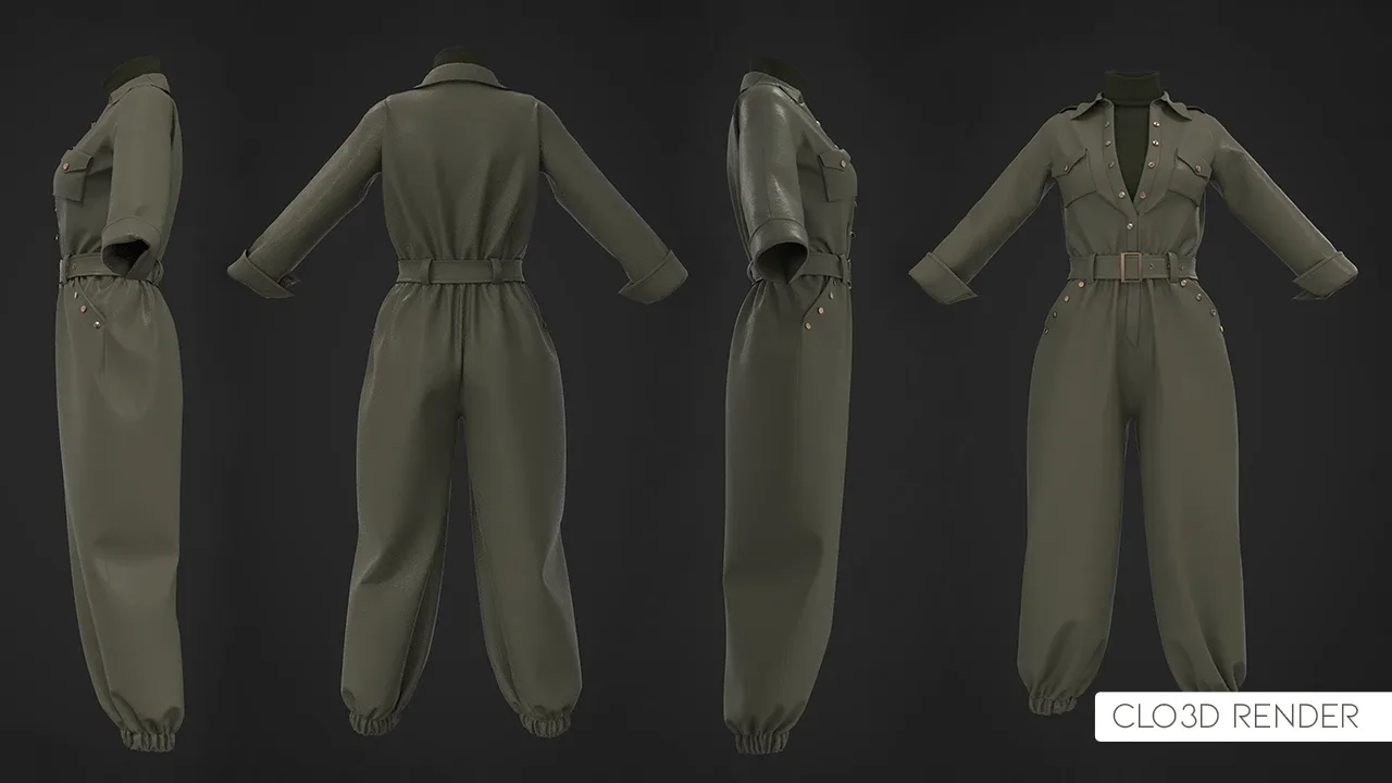 Women's Military Outfit-Boiler Suit / Marvelous Designer Clo3d Project + OBJ , FBX (Game Ready)