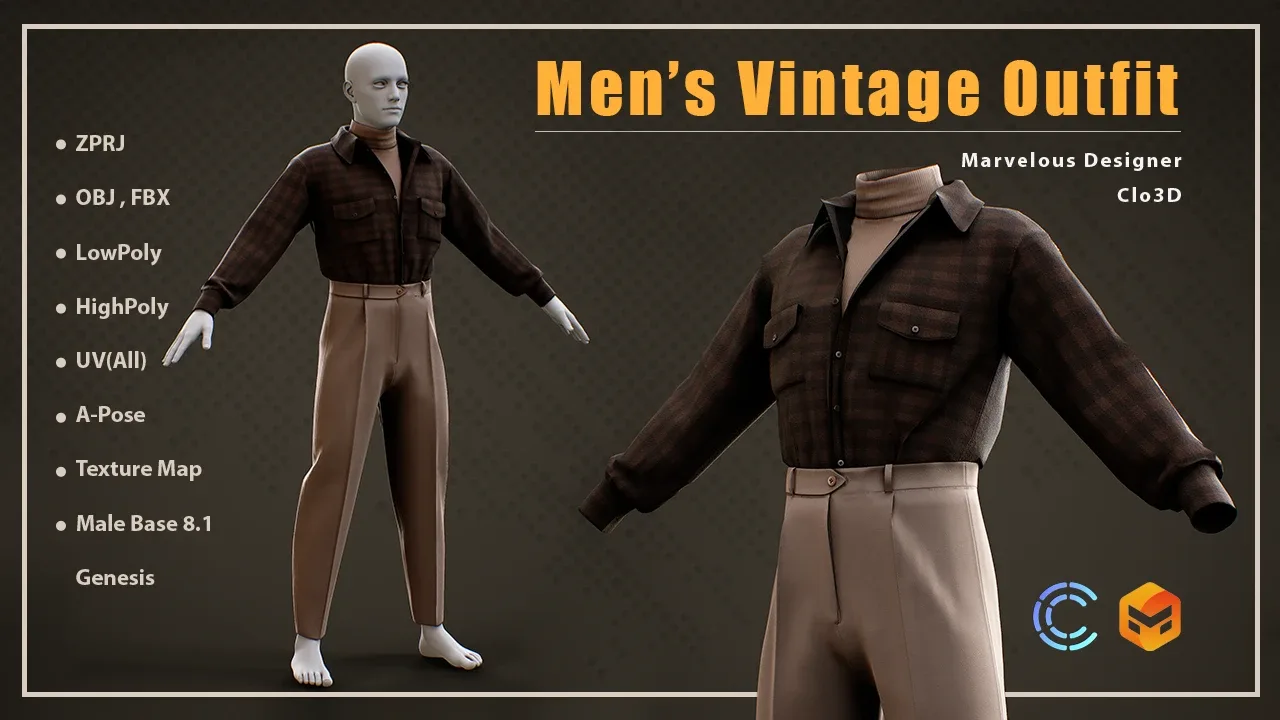 Men 's Vintage Outfit / MD , Clo3d Project + OBJ , FBX (Game Ready)