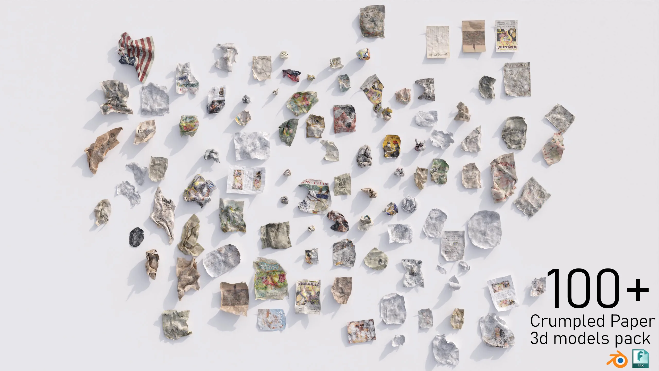 100+ crumpled paper 3d models pack