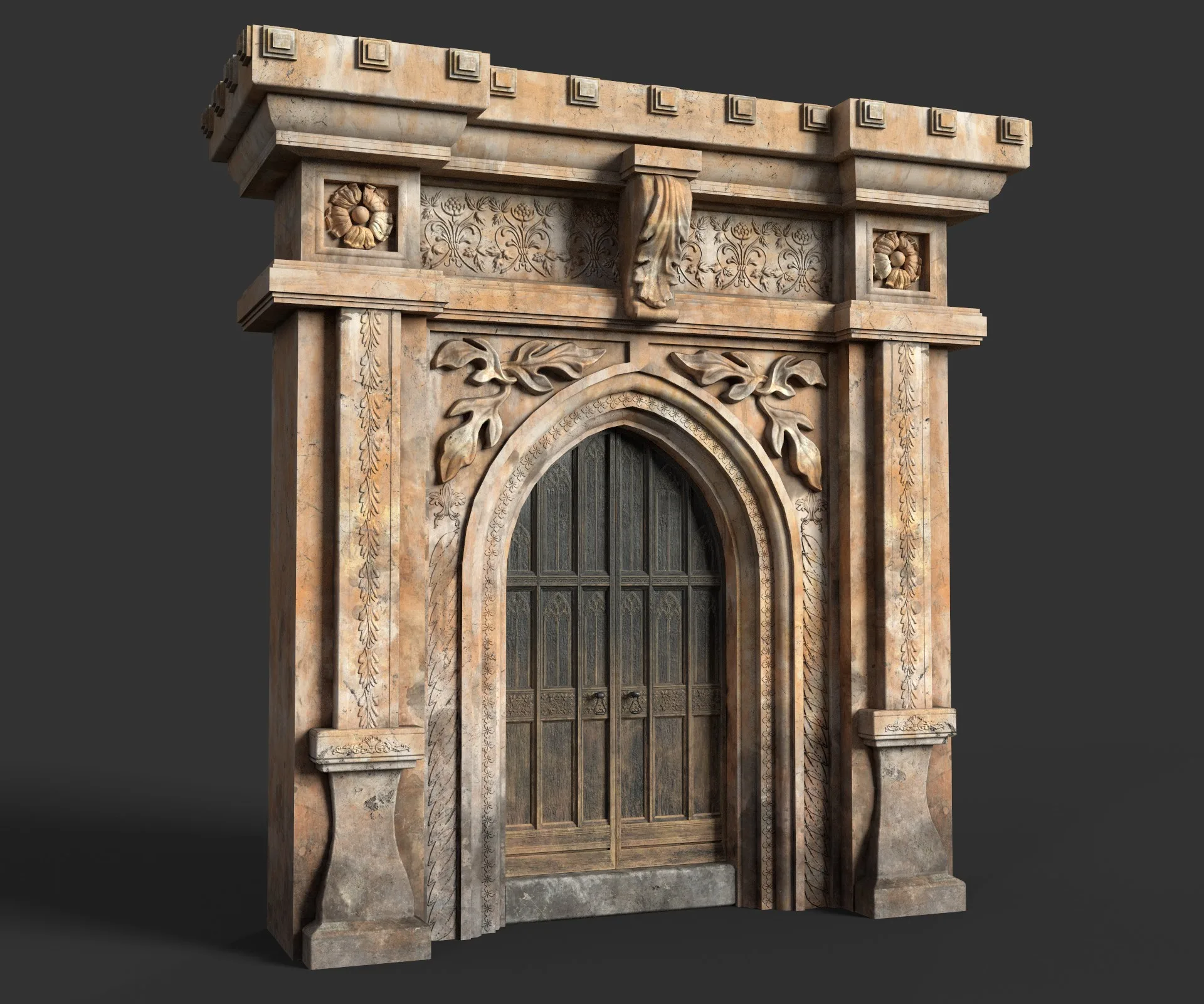 Medieval Wood Door with Stone Arch - Rigged and animated