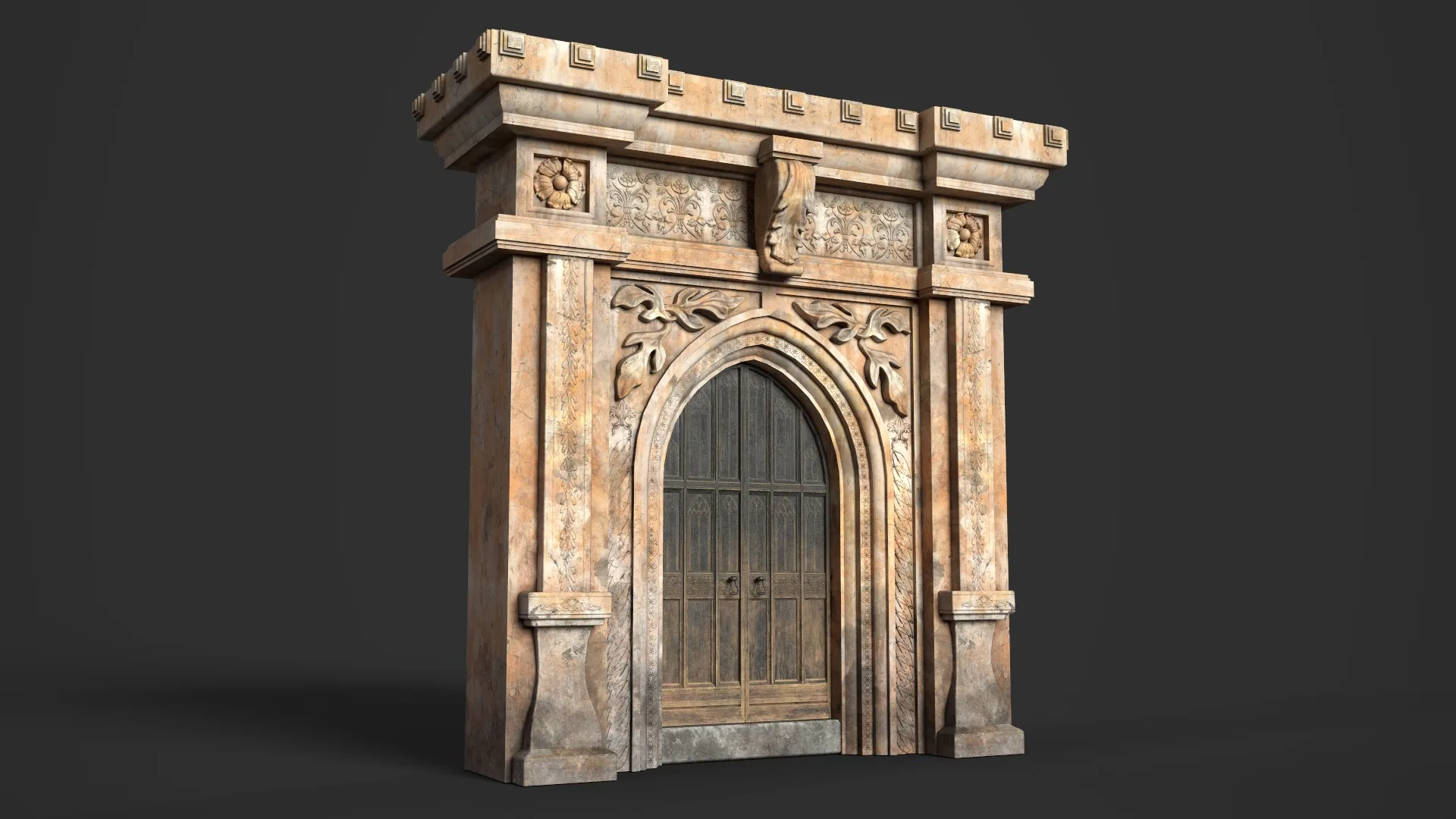 Medieval Wood Door with Stone Arch - Rigged and animated