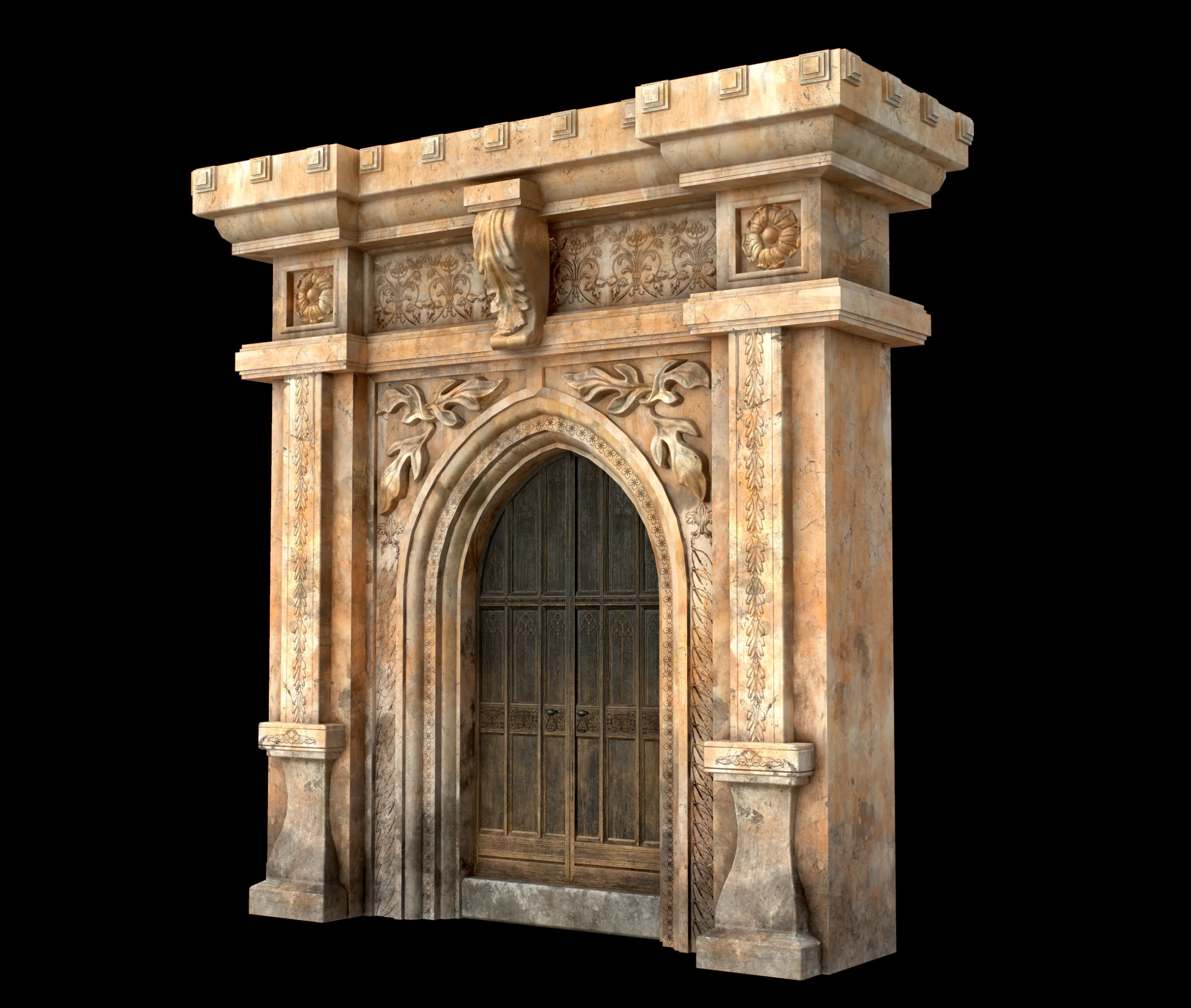 Medieval Wood Door with Stone Arch - Rigged and animated