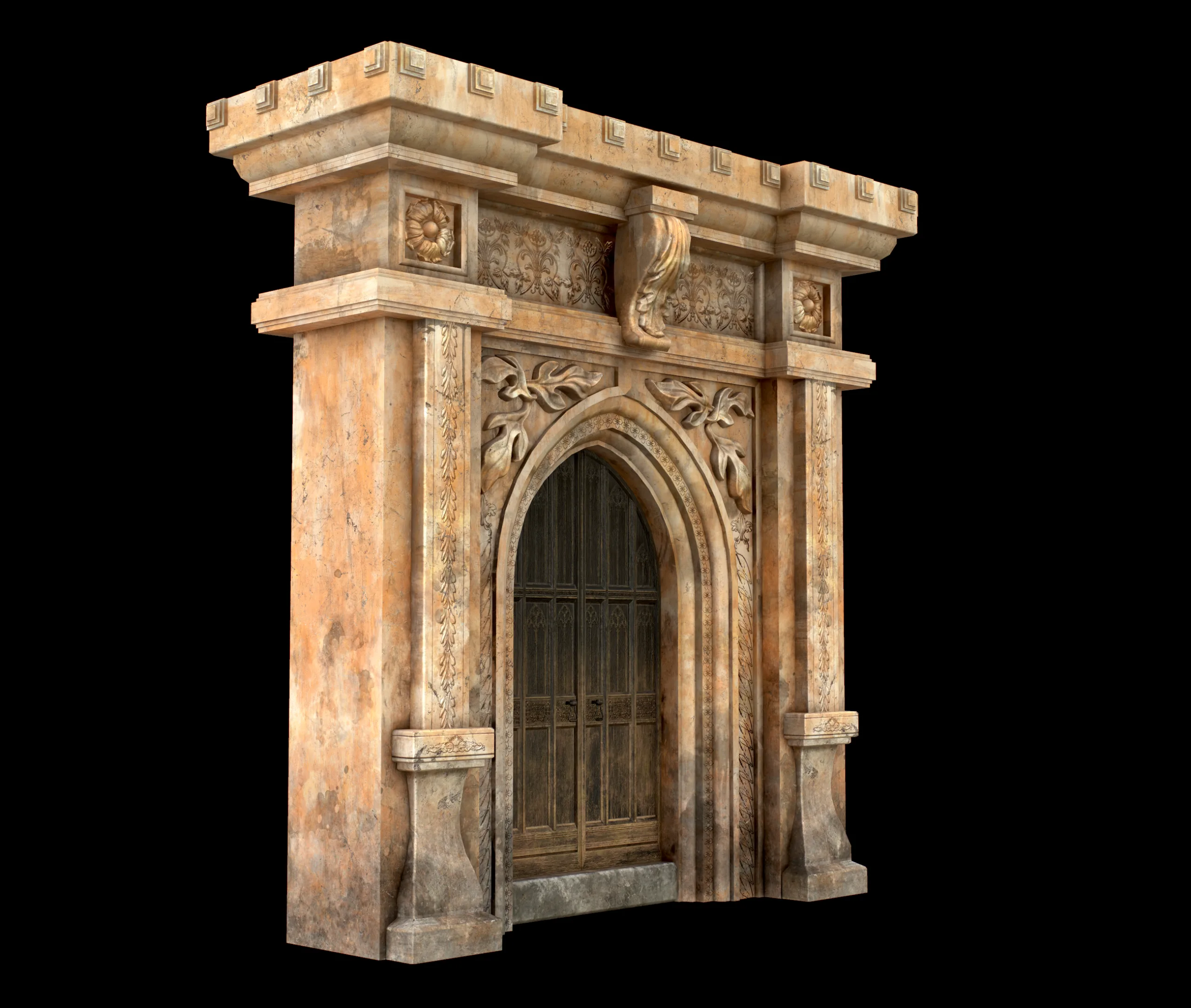 Medieval Wood Door with Stone Arch - Rigged and animated