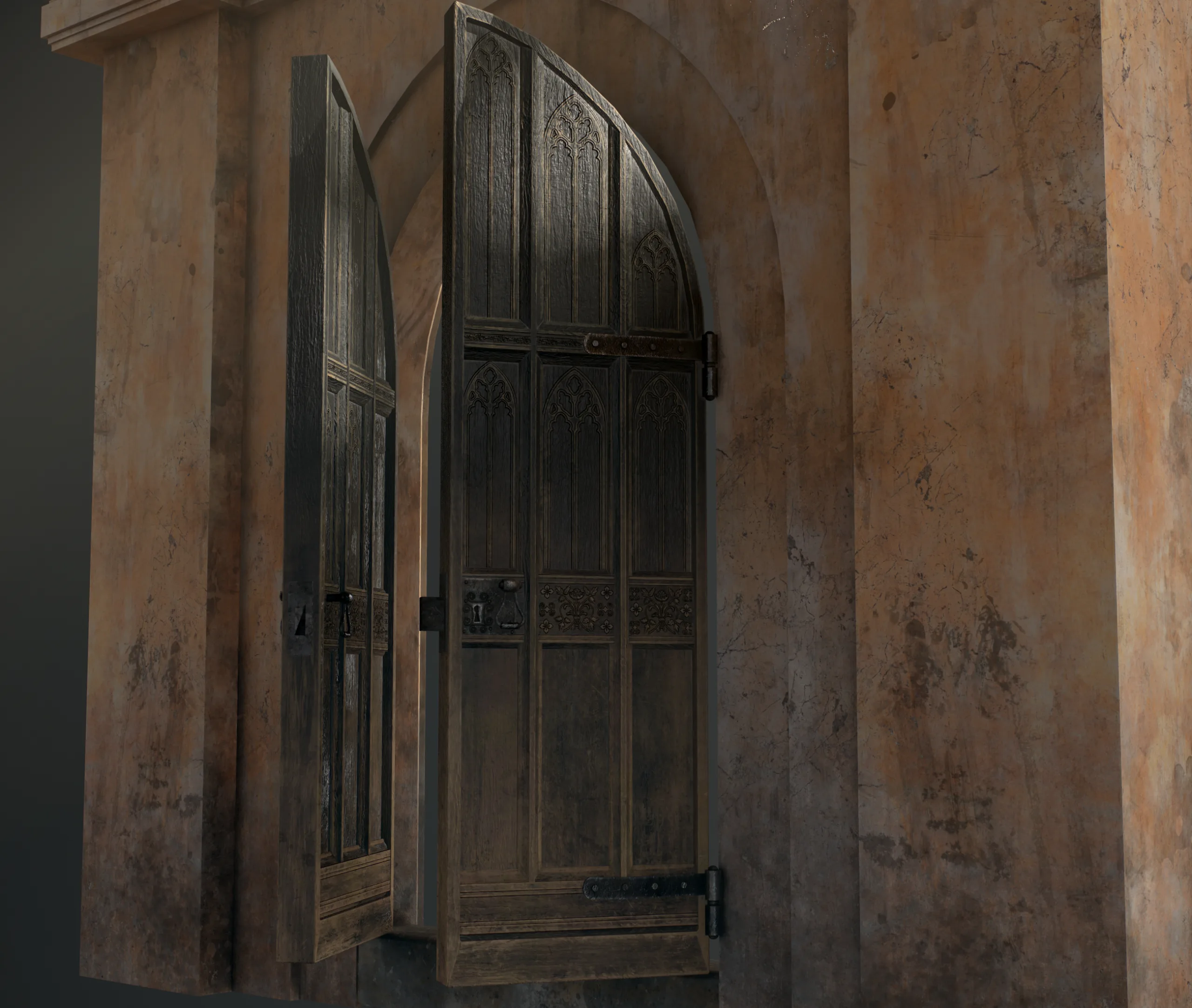 Medieval Wood Door with Stone Arch - Rigged and animated