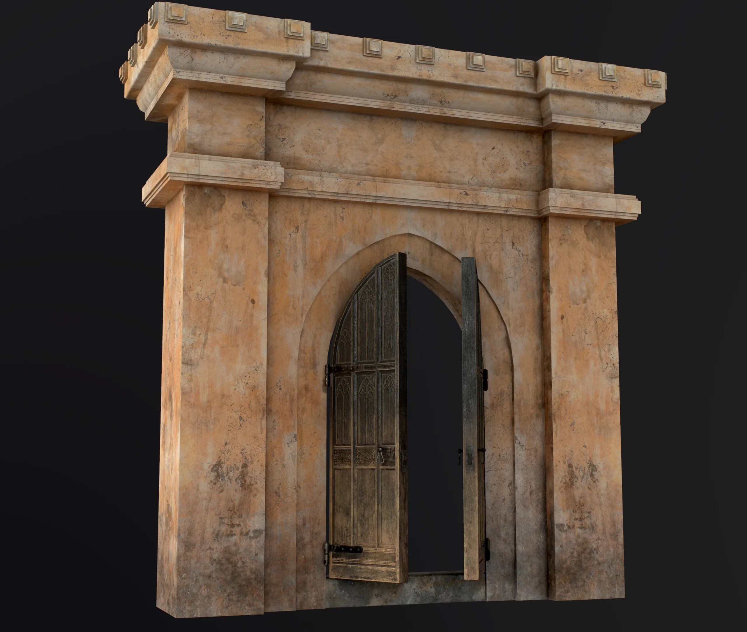 Medieval Wood Door with Stone Arch - Rigged and animated