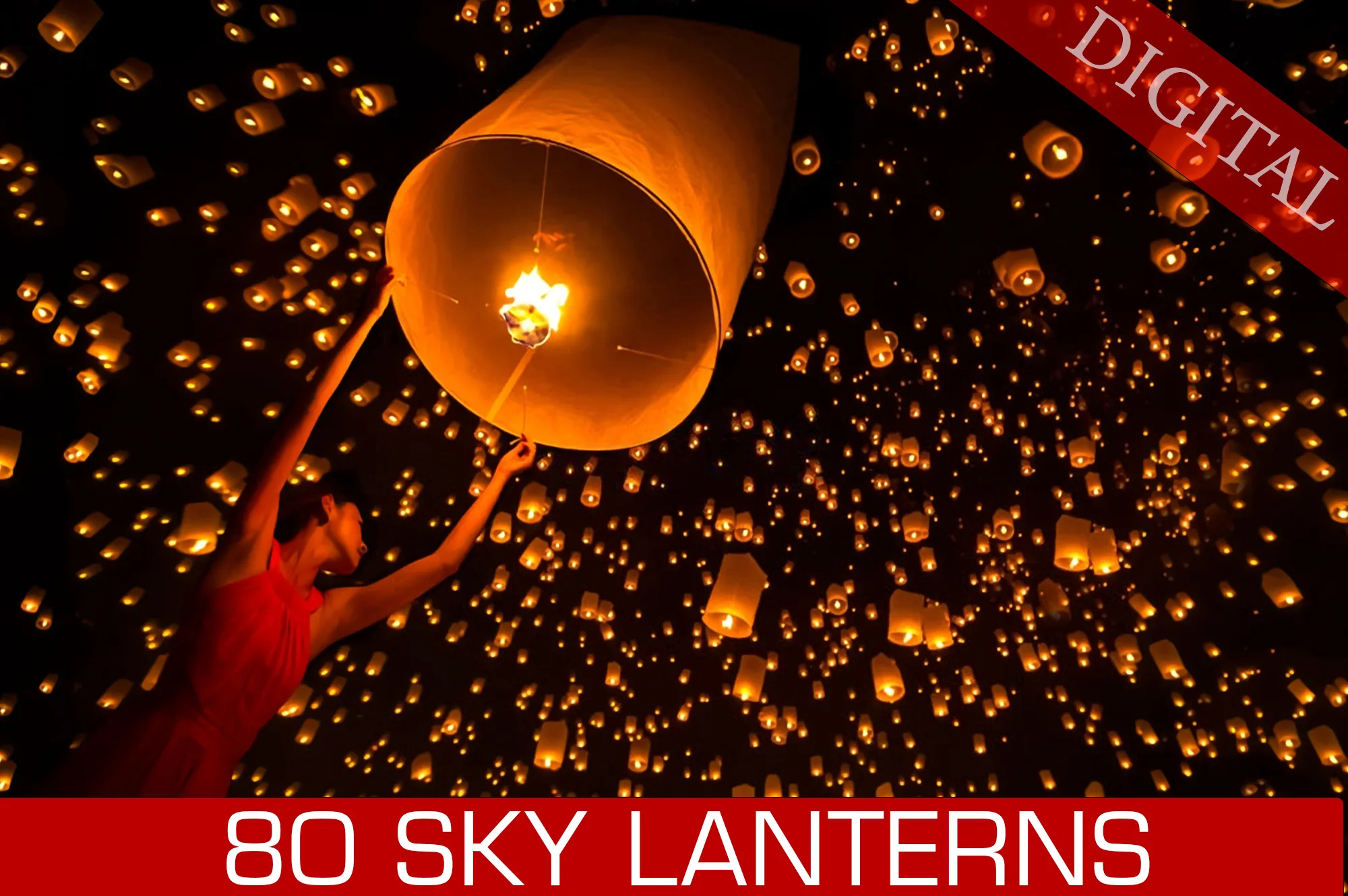 80 Sky Lanterns Photo Overlays, Night Festival, Flying lanterns, Floating light effect