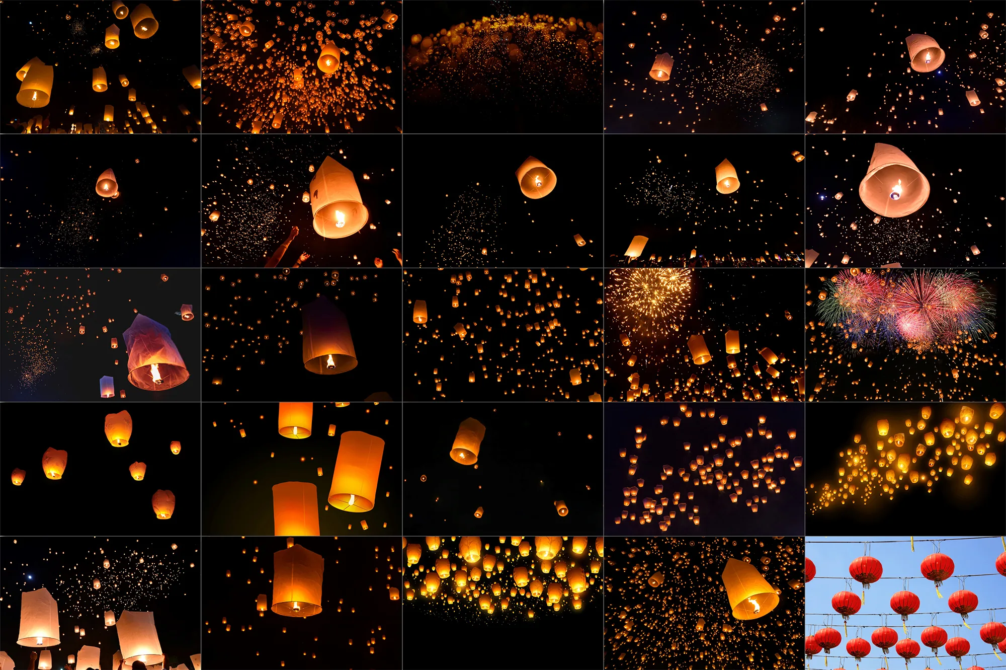 80 Sky Lanterns Photo Overlays, Night Festival, Flying lanterns, Floating light effect