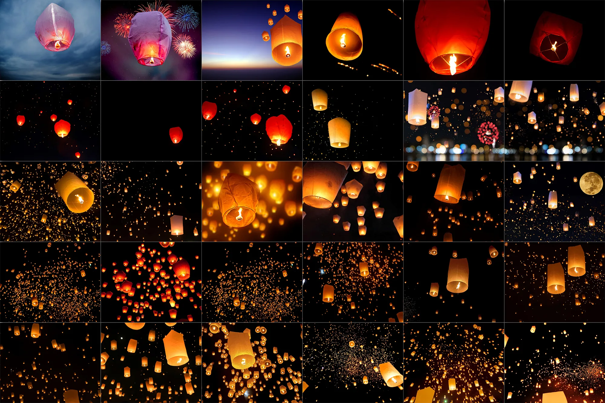 80 Sky Lanterns Photo Overlays, Night Festival, Flying lanterns, Floating light effect