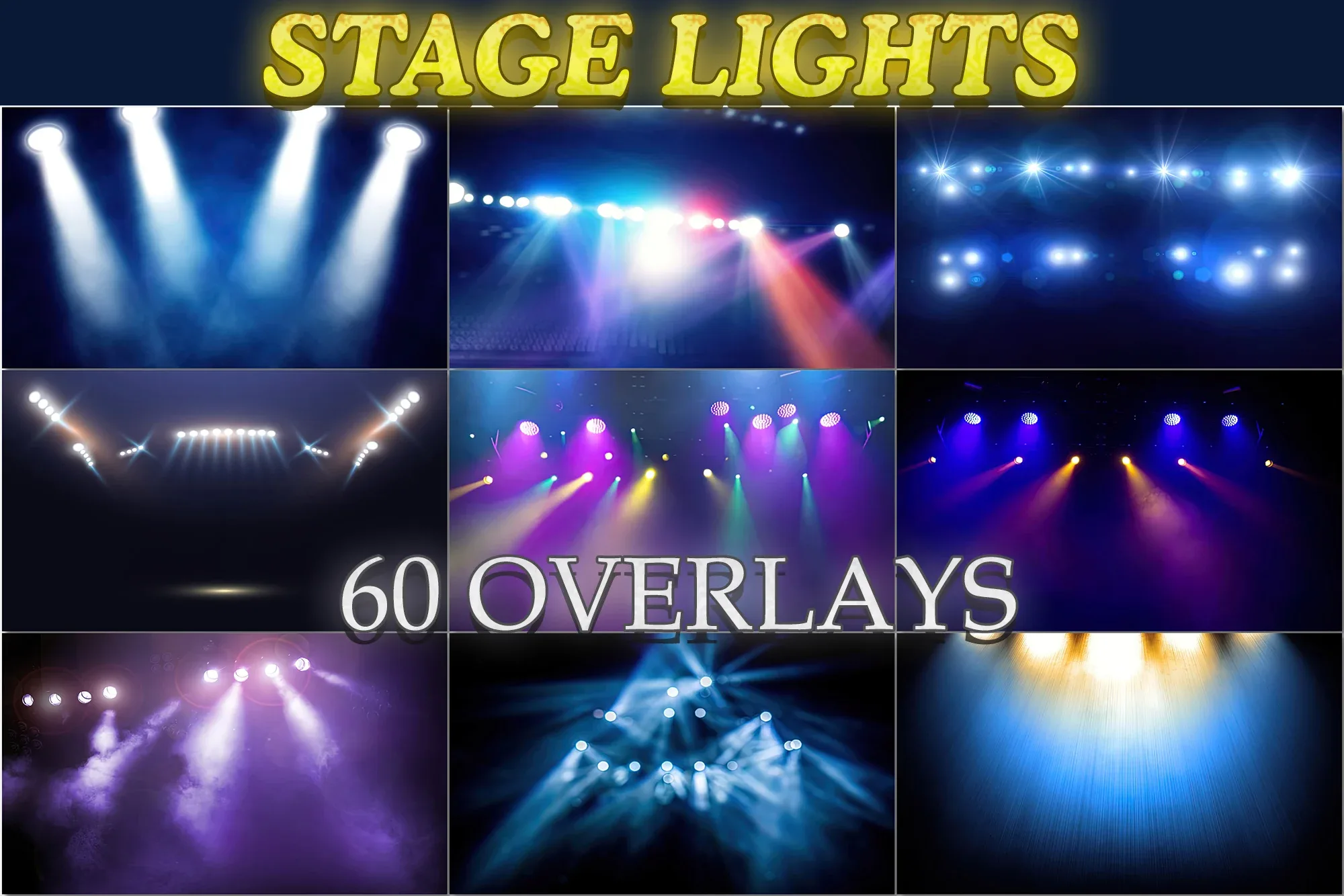 60 Stage Lighting Overlays, Stage arena lighting background spotlight, Stadium, Arena Colorful Lights