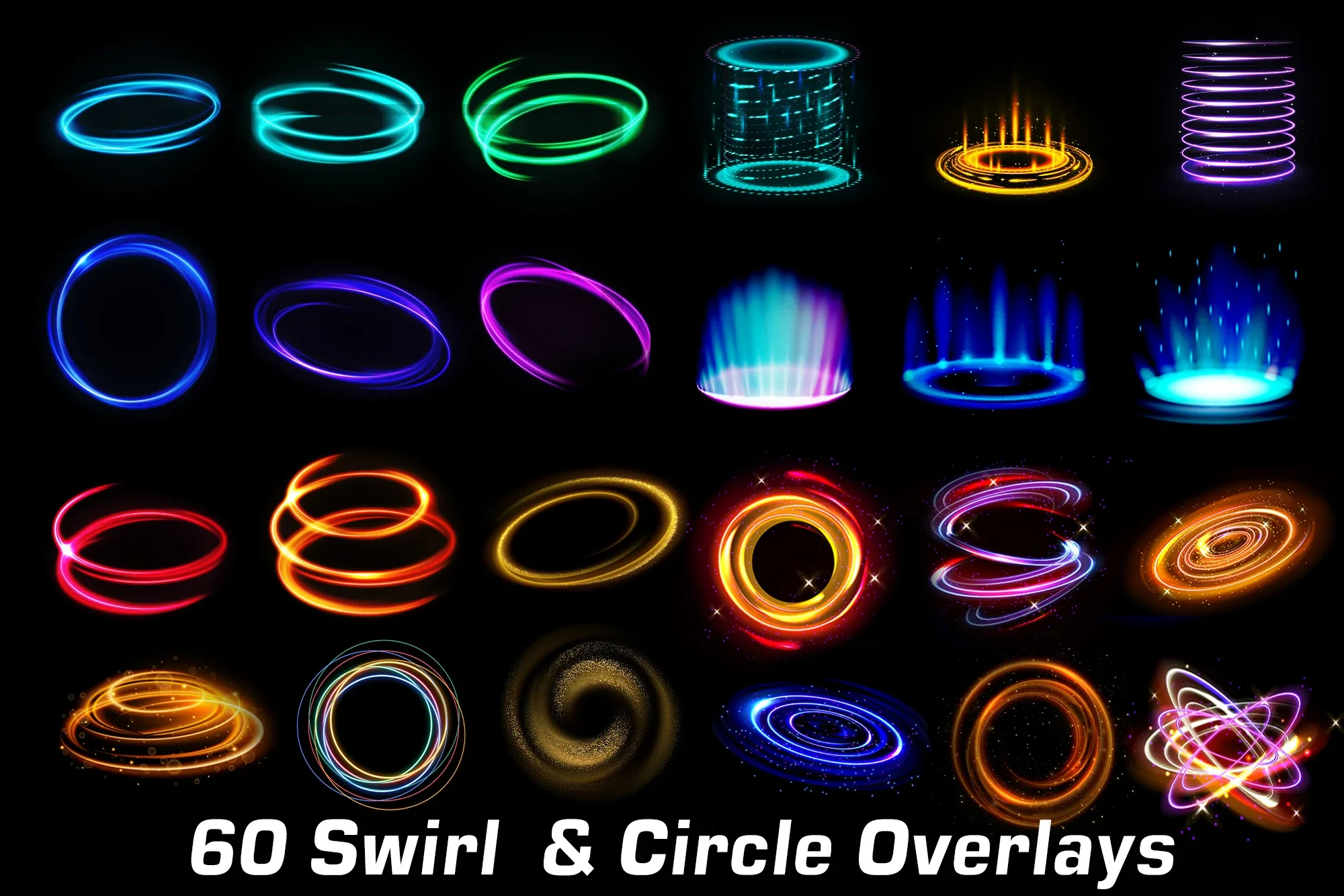 60 Lights Circle Overlays, Neon glowing swirls, Golden spiral, magic portal, Golden bright circle, shining light PNG