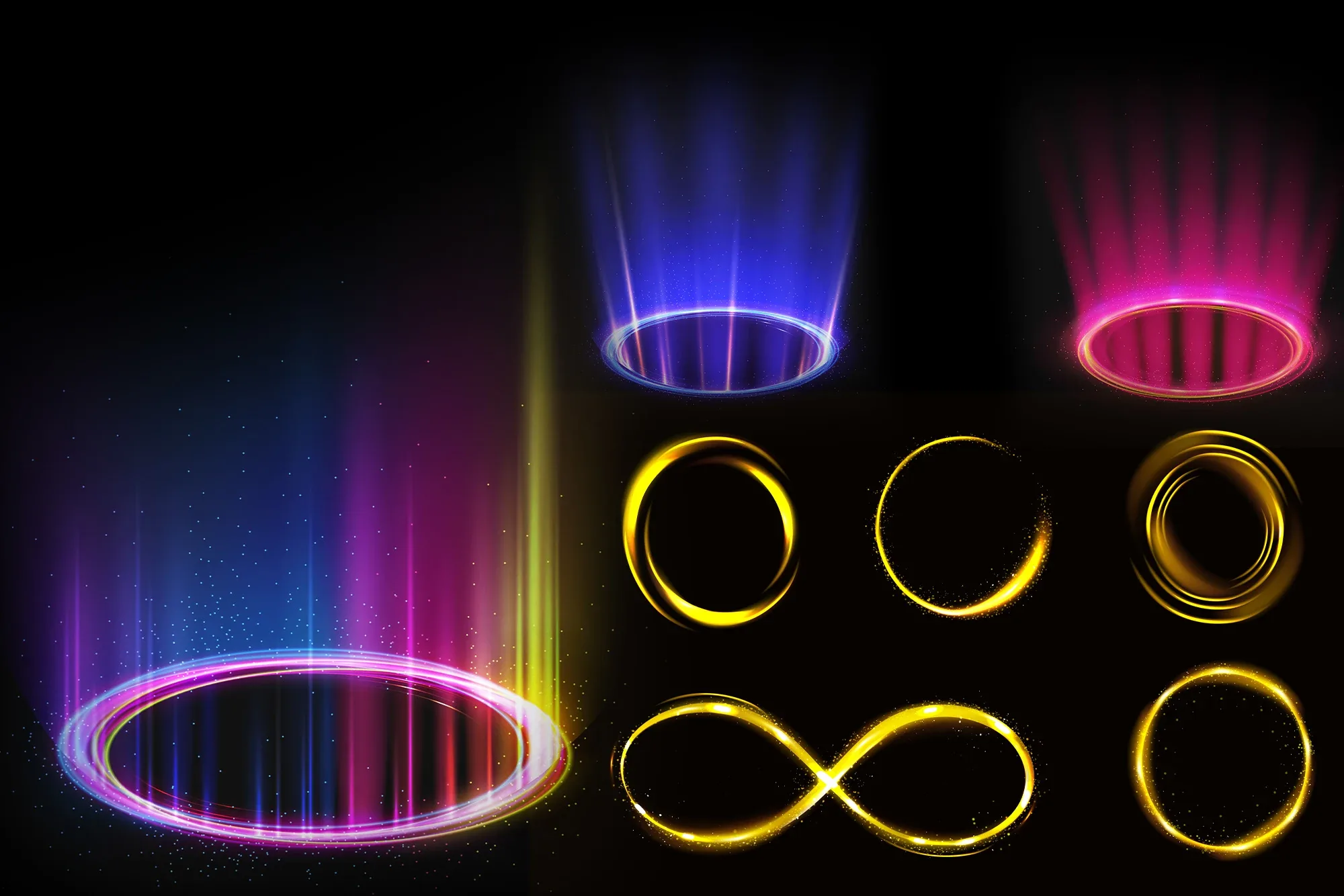 60 Lights Circle Overlays, Neon glowing swirls, Golden spiral, magic portal, Golden bright circle, shining light PNG