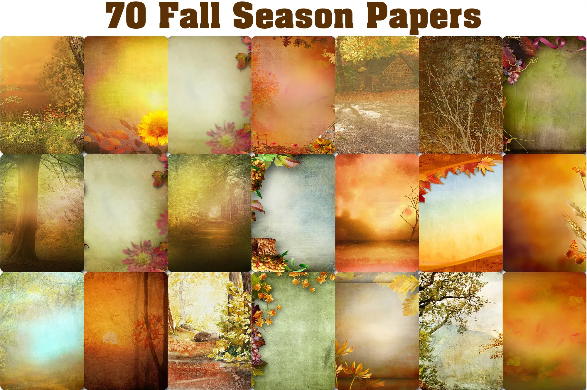 70 Vintage Fall Papers, Autumn Printable, Scrapbooking Papers, Journal Kit, Fall Season, Digital Grunge Paper, Flowers, Pumpkins background