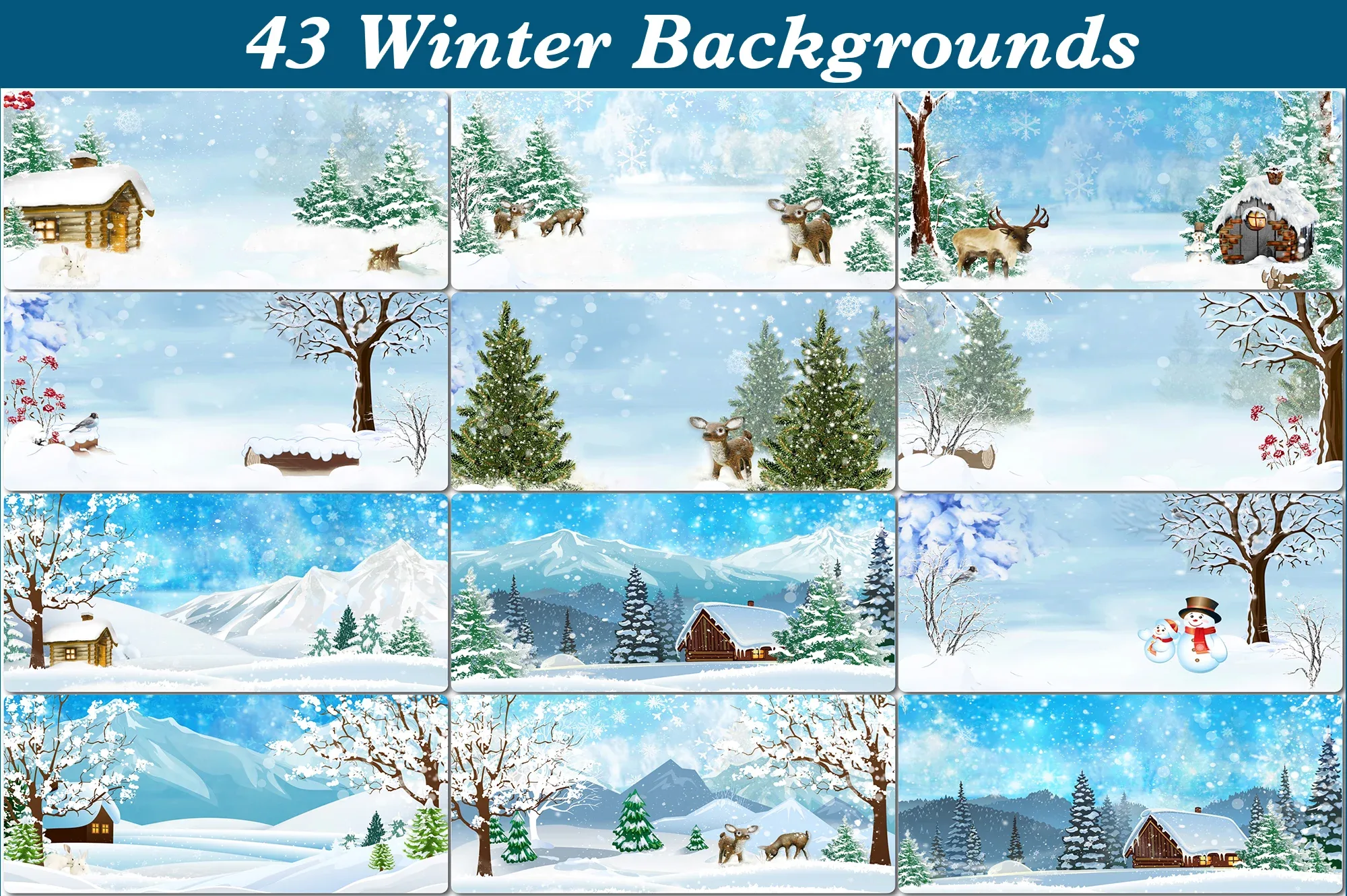 43 Winter Watercolor landscape, scene painting, Holiday backdrops, Mug Design, Christmas card, Rustic image on wood, Digital papers forest