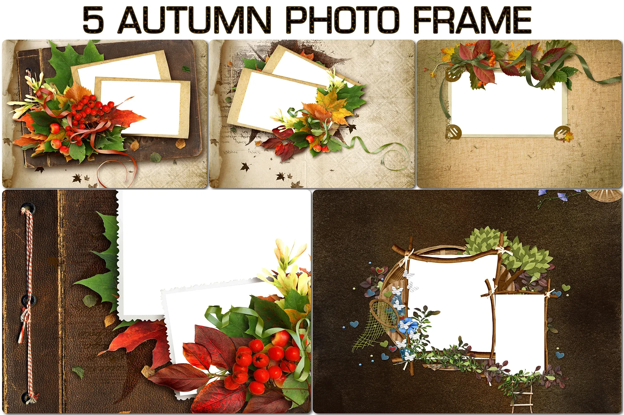 5 Autumn Photo Frame Overlays, Art frame, Photoshop overlay, Digital photo prop, Fall overlays for photographers, Transparent PNG, Vintage