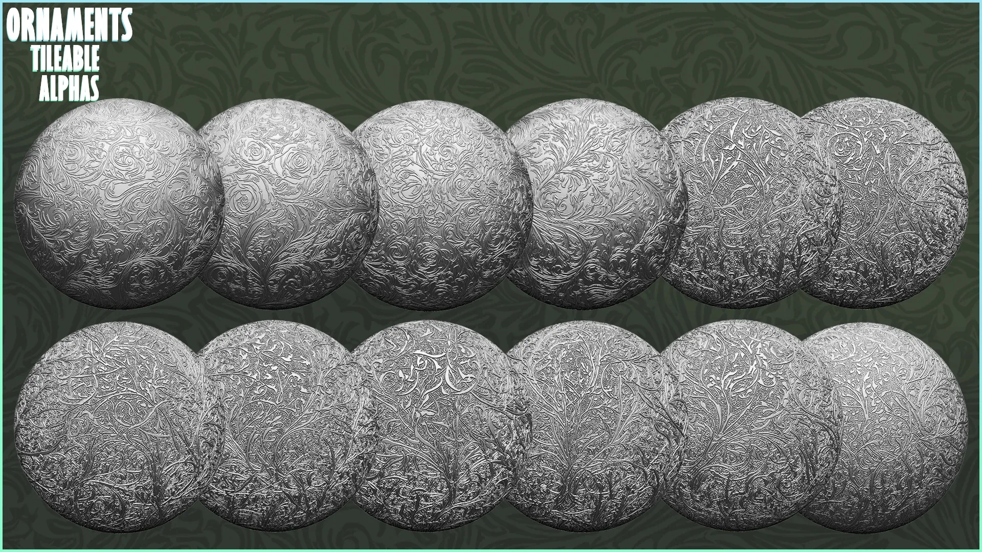 Ornaments Tileable Alphas (Displacement Maps) for ZBrush, Blender, Substance Painter vol.4