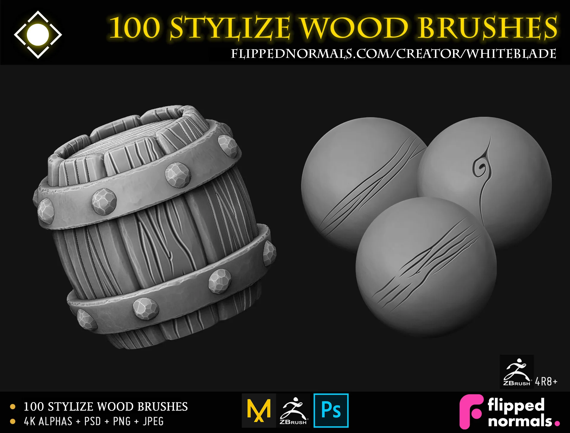 100 Stylize Wood Brushes and 4K Alphas - ZBrush 4R8+