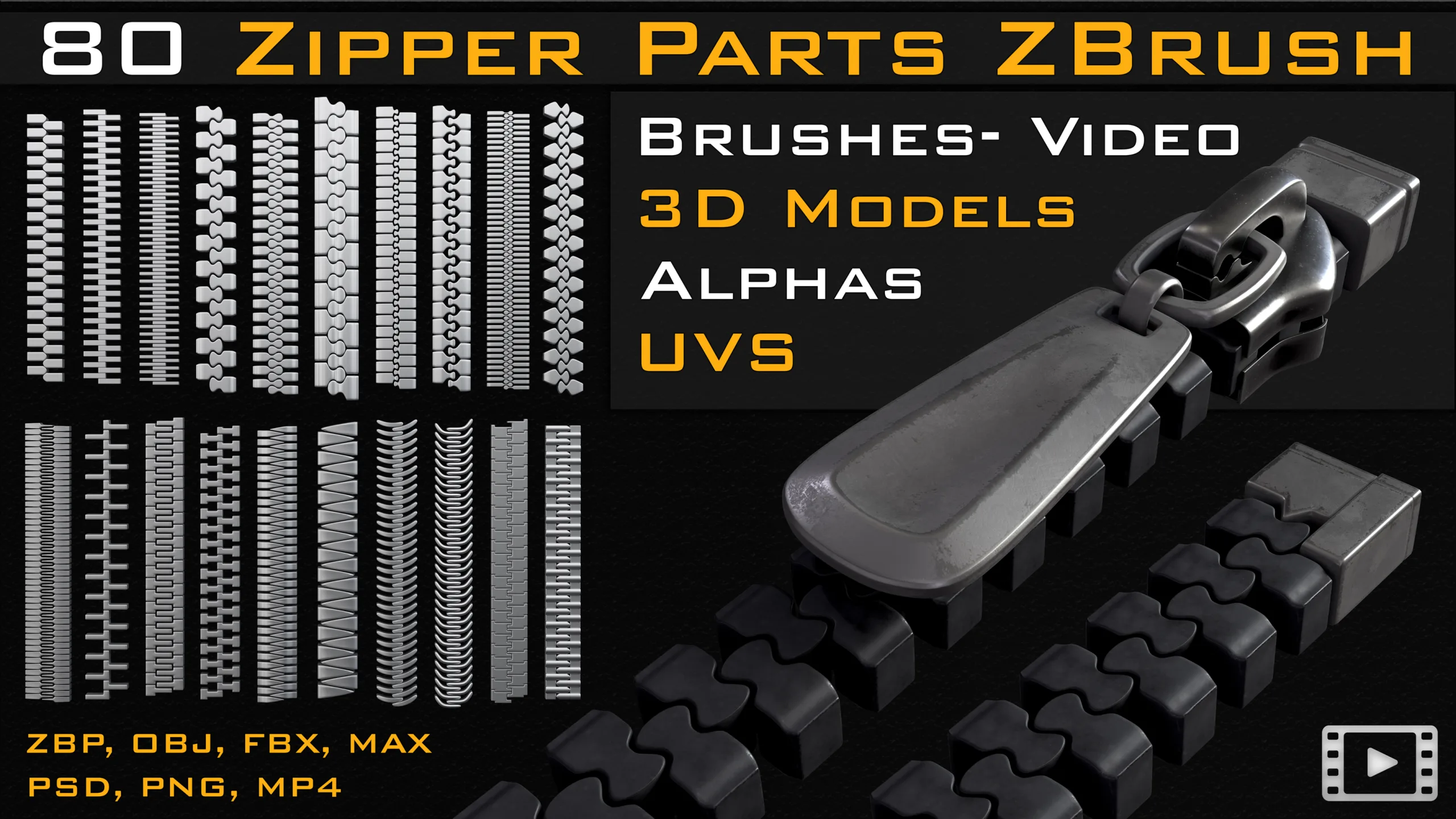 80 zipper parts_Zbrush Brushes (IMM_STD)_ 3D Models (obj_fbx_max)_Alpha (psd_png) _UVS_Video tutorial