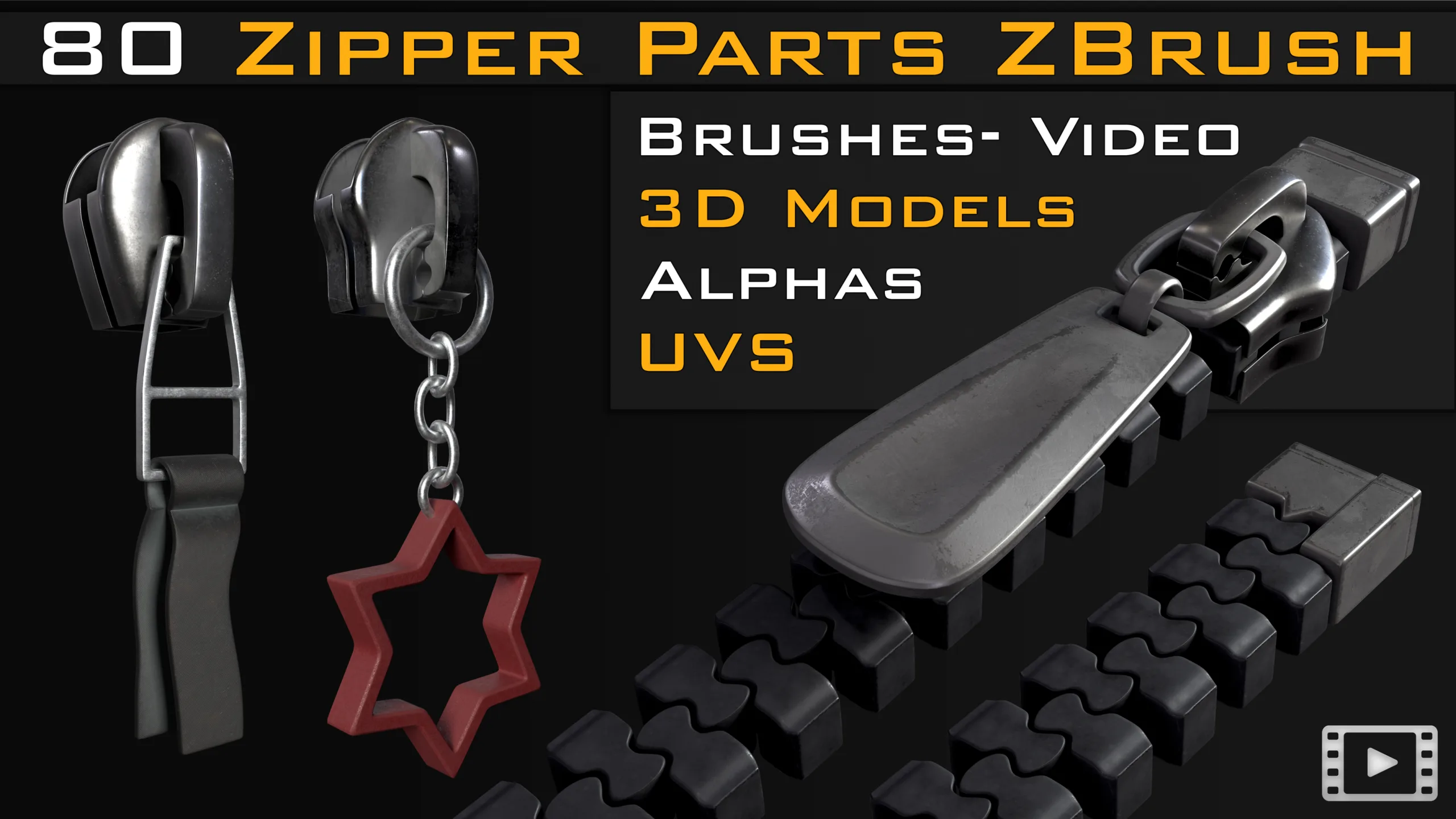 80 zipper parts_Zbrush Brushes (IMM_STD)_ 3D Models (obj_fbx_max)_Alpha (psd_png) _UVS_Video tutorial