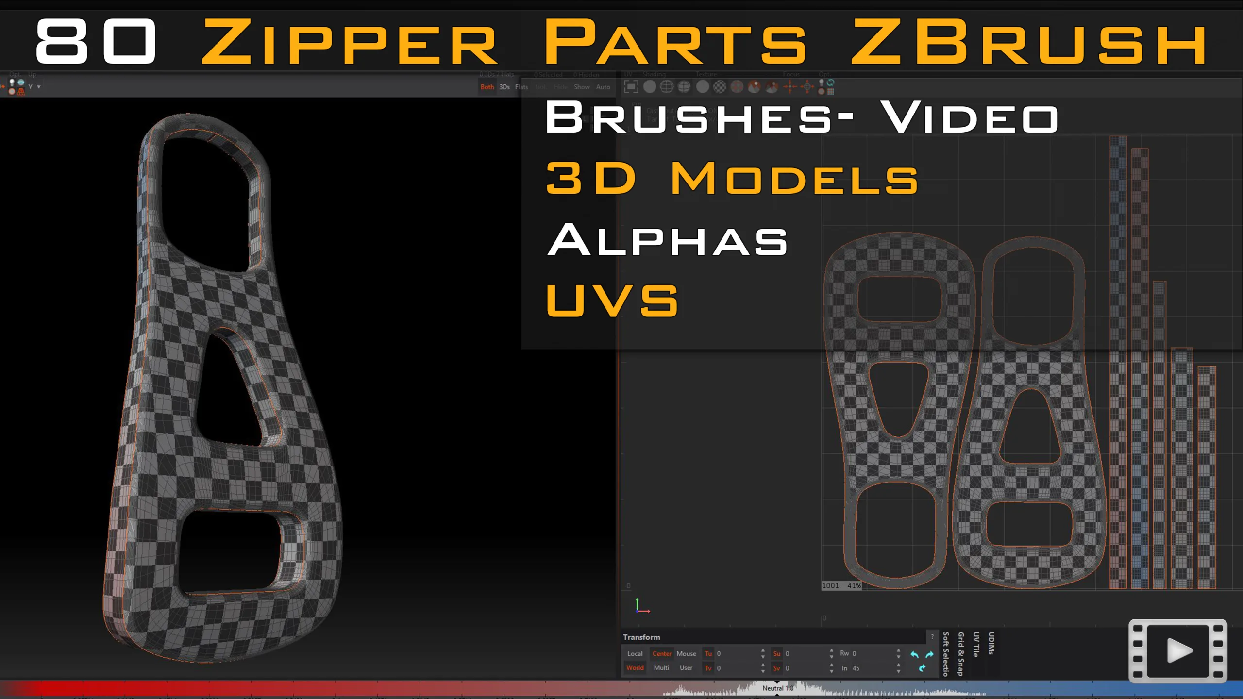 80 zipper parts_Zbrush Brushes (IMM_STD)_ 3D Models (obj_fbx_max)_Alpha (psd_png) _UVS_Video tutorial