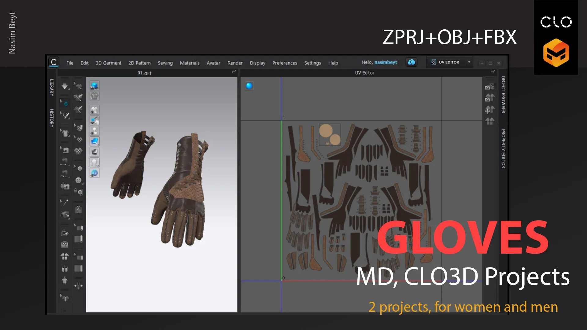 Women's and Men's Gloves. CLO3D, MD PROJECTS+OBJ+FBX