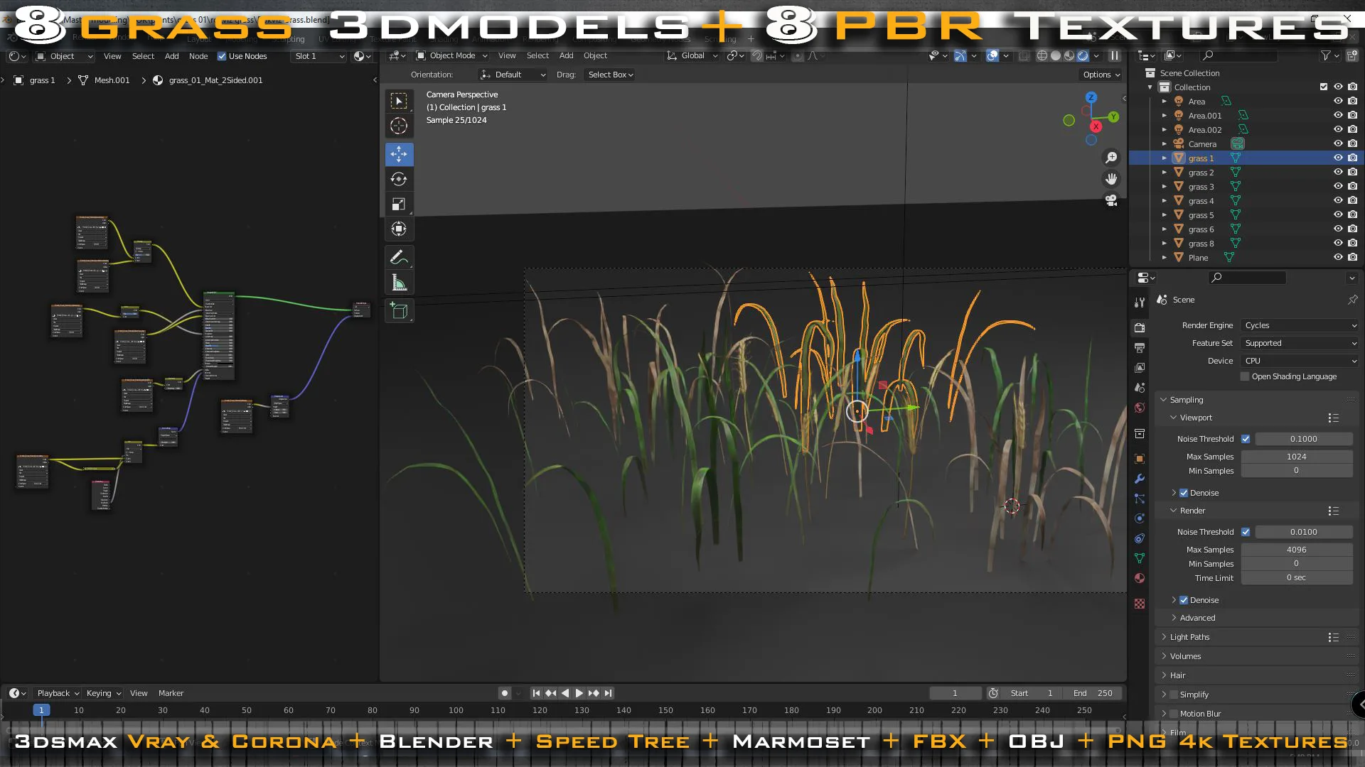 8 Grass 3d models + 8 Grass PBR Textures